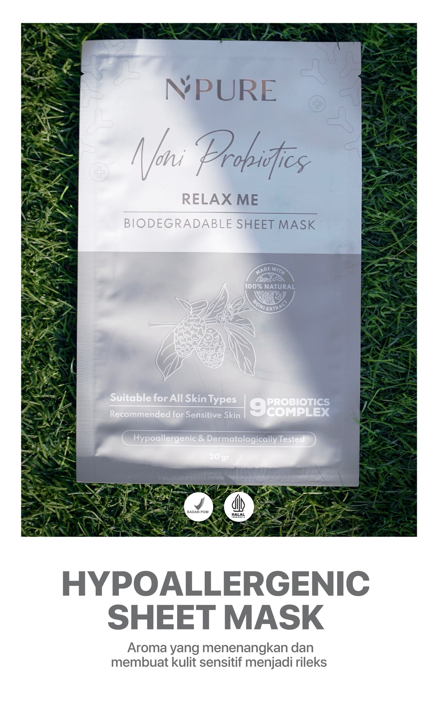 NPURE Sheet Mask Noni / Relax Me / Masker Wajah Kulit Sensitif Kemerahan Hypoallergenic / Biodegradable/ Ceramide