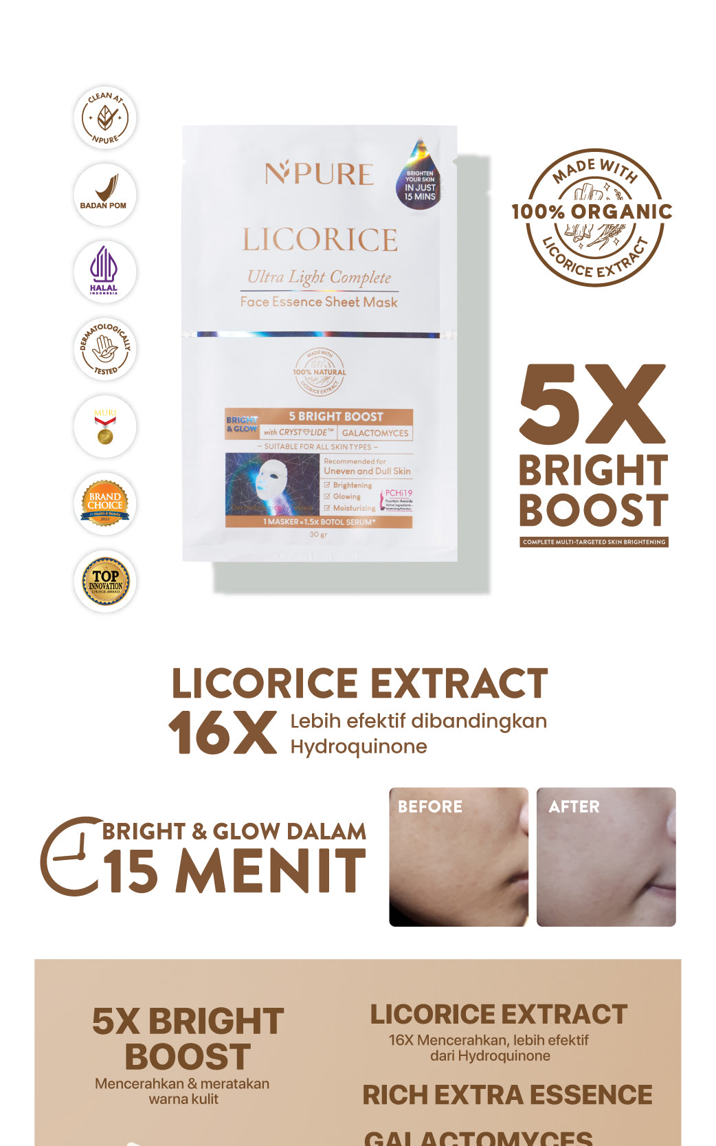 NPURE Sheet Mask Licorice / Ultra Light Complete / Brightening Sheet Mask / Masker Wajah Cerah Glowing /  5X Bright Boost