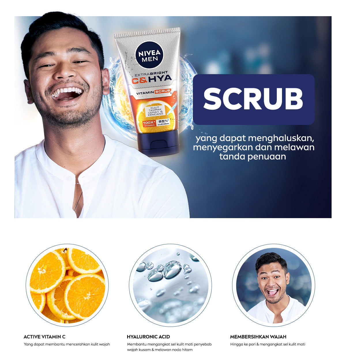 NIVEA MEN Vitamin Scrub Extra Bright C&HYA 100ml - Sabun cuci muka pria scrub mencerahkan mengangkat sel kulit mati brightening kulit kusam facial wash pembersih wajah cerah membersihkan pori pori polusi debu kotoran - Vitamin C, Hyaluronic acid