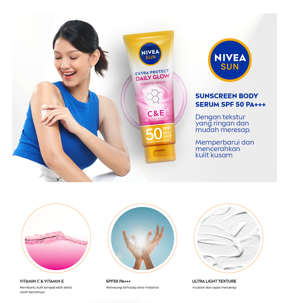 NIVEA SUN Sunscreen Body Serum Daily Glow Essence Serum SPF50+ PA+++ 180ml - Sunscreen badan serum sunblock mencerahkan SPF UV harian lightweight tekstur ringan cepat meresap tidak lengket no whitecast blue light polusi - 50x Vitamin C, Vitamin E