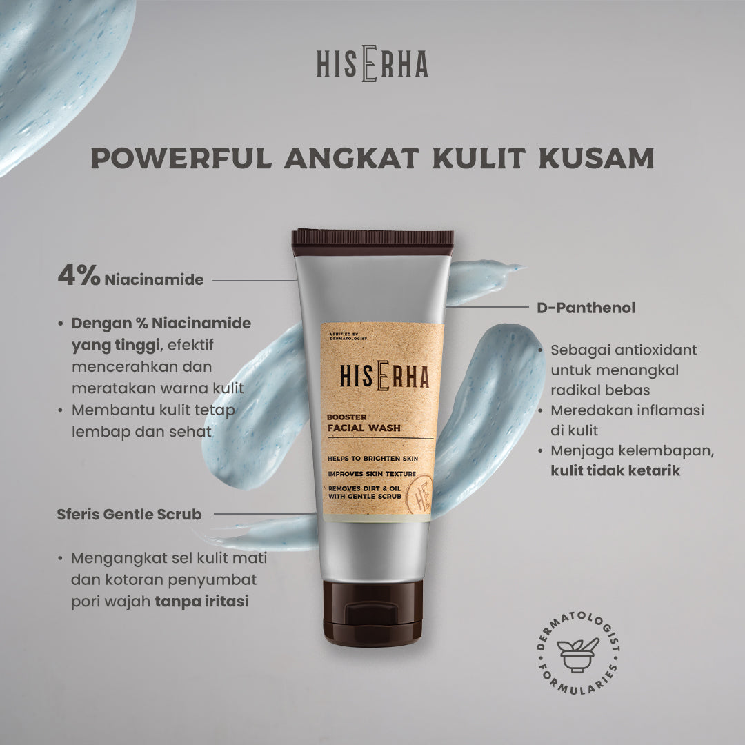 HIS ERHA Brightening Booster Facial Wash 100G - Sabun Cuci Muka Pria untuk Mencerahkan wajah, Angkat Kulit Kusam, Lembap, Tanpa Rasa Ketarik, Tanpa Iritasi, Wangi Segar Maskulin, Verified by Dermatologist, 4% Niacinamide & Sferis Gentle Scrub