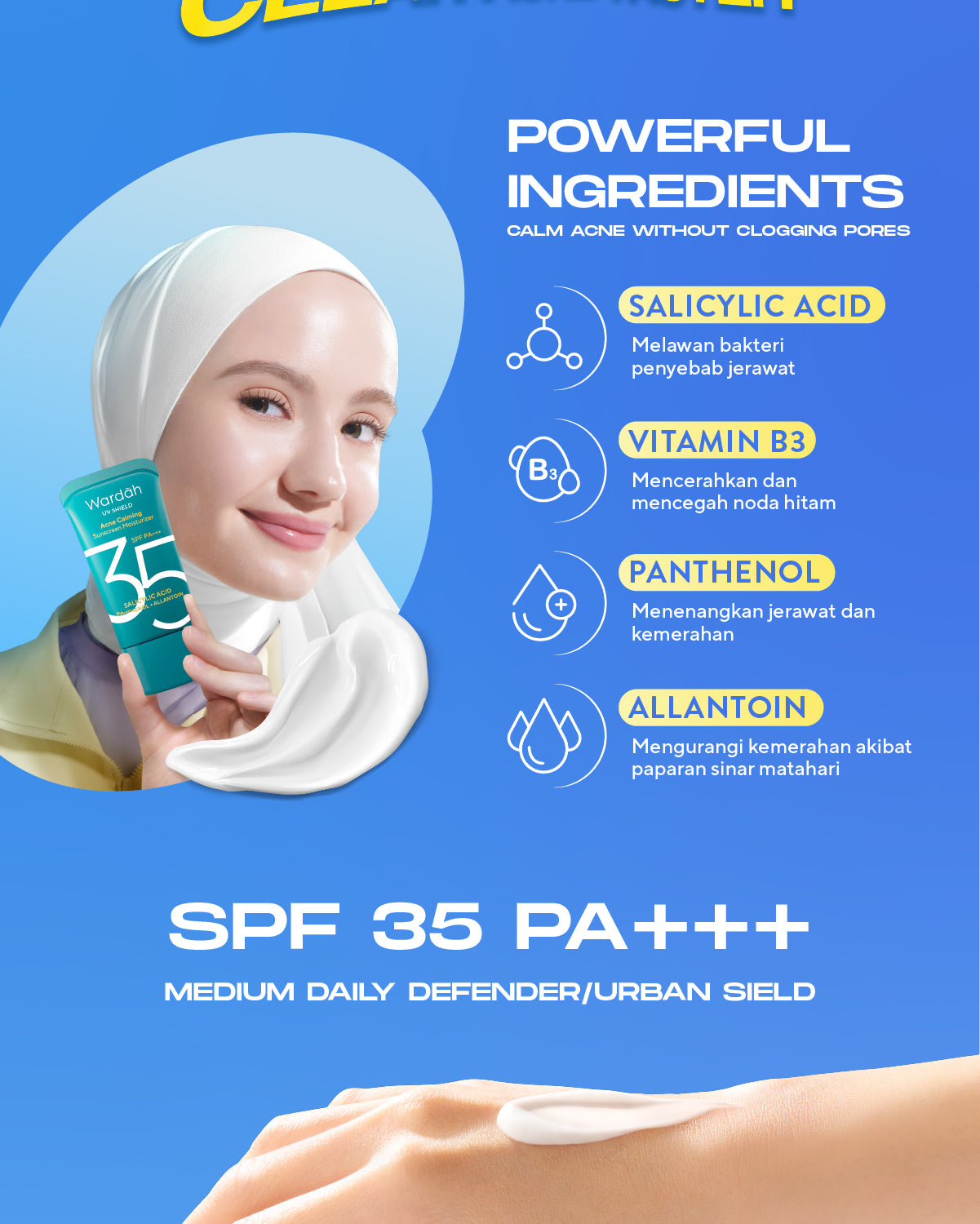 WARDAH UV Shield Acne Calming Sunscreen Moisturizer SPF 35 PA untuk komedo jerawat dan bekas jerawat kulit berminyak tekstur gel ringan mudah meresap Skincare