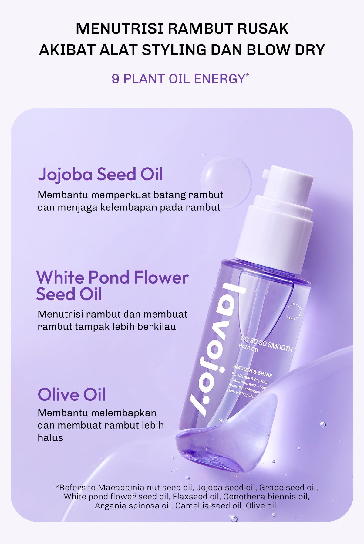 Lavojoy So So So Smooth Hair Oil 80ml  – Hair Oil Rambut Kering & Kusut, Melembutkan, Mengurangi Rambut Mengembang, Perlindungan Rambut Dari Panas Berlebih, Dengan 9 Natural Oils & Vitamin E