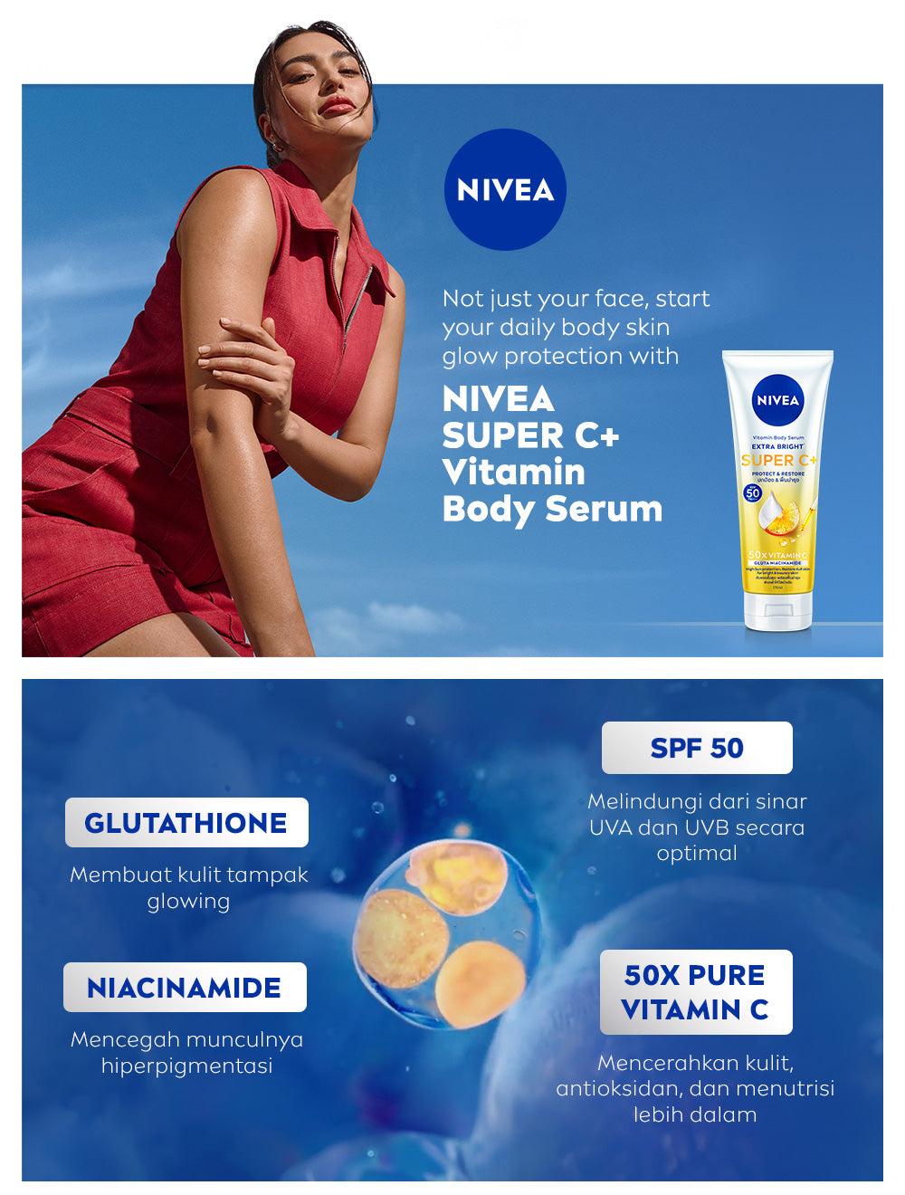 NIVEA Body Serum Extra Bright Super C+ SPF50+ PA+++ 70ml - Hand body serum lotion moisturizer mencerahkan kulit kusam bening badan glowing brightening melembabkan kering SPF UV matahari harian tidak lengket - Vitamin C, Niacinamide, Glutathione