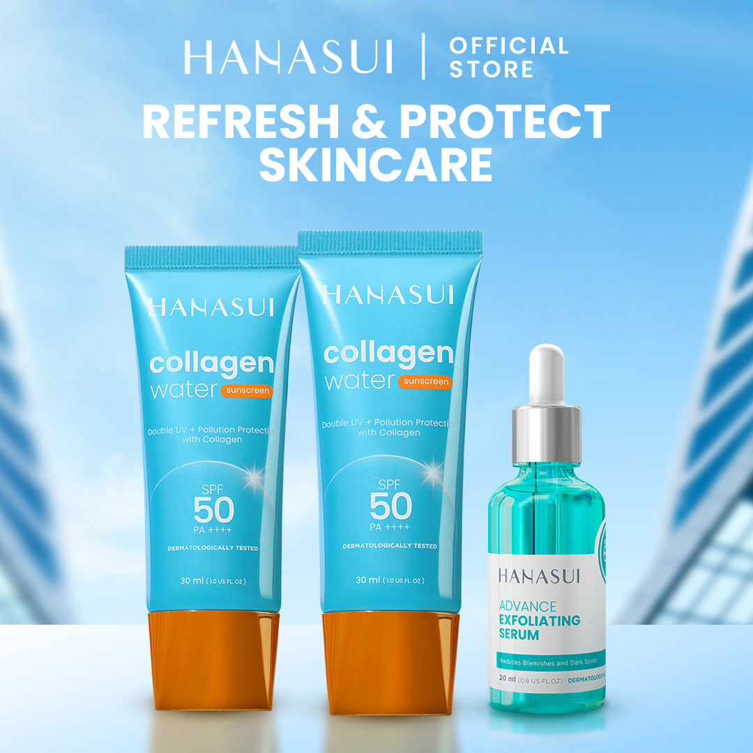 Hanasui Skincare Set | Collagen Water Sunscreen SPF 50 Power Bright Expert Serum Exfoliating Serum Ceramide Probiotics Moisturizer Gel Wajah Mencerahkan
