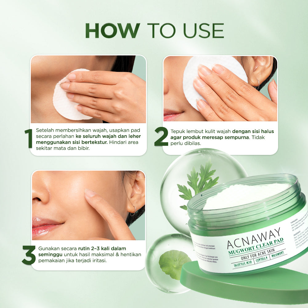 ACNAWAY Mugwort Acne Clear Pad Exfoliating – Exfoliation Pad untuk Kulit Sensitif & Berjerawat Eksfoliasi Kulit Angkat Komedo Sel Kulit Mati & Minyak Berlebih Acne Pad Exfo Pad Penghilang Komedo & Jerawat Blackhead Removal
