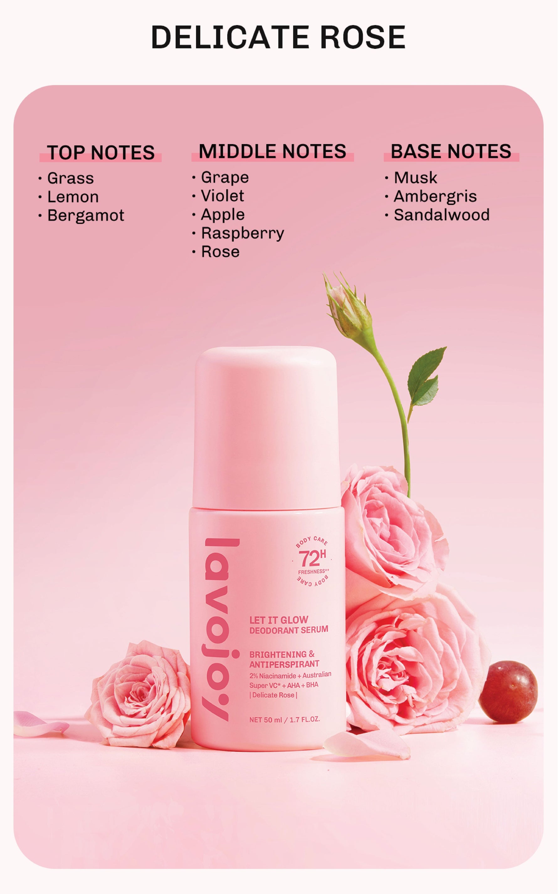Lavojoy Let It Glow Deodorant Serum - Paket Perawatan Pencerah Ketiak & Kulit Tubuh, 72 Jam Perlindungan Bau & Keringat, Cepat Kering 5 Detik, Aman Kulit Sensitif, Niacinamide + Vitamin C