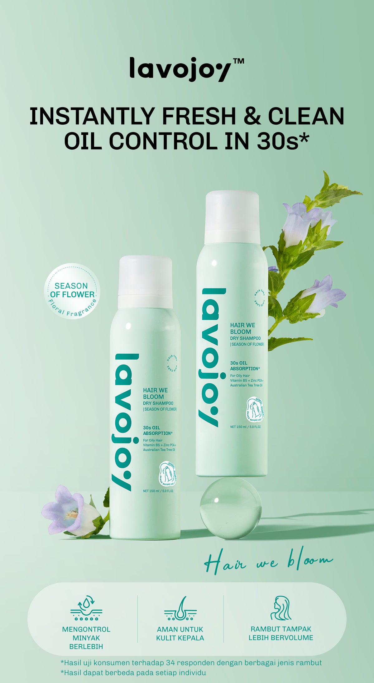 Lavojoy Hair We Bloom Dry Shampoo Season of Flower - Dry Shampoo Atasi Kulit Kepala Berminyak, Scalp Friendly, Tanpa Residu Putih, Dengan Kandungan Zinc PCA Dan Tea Tree Oil
