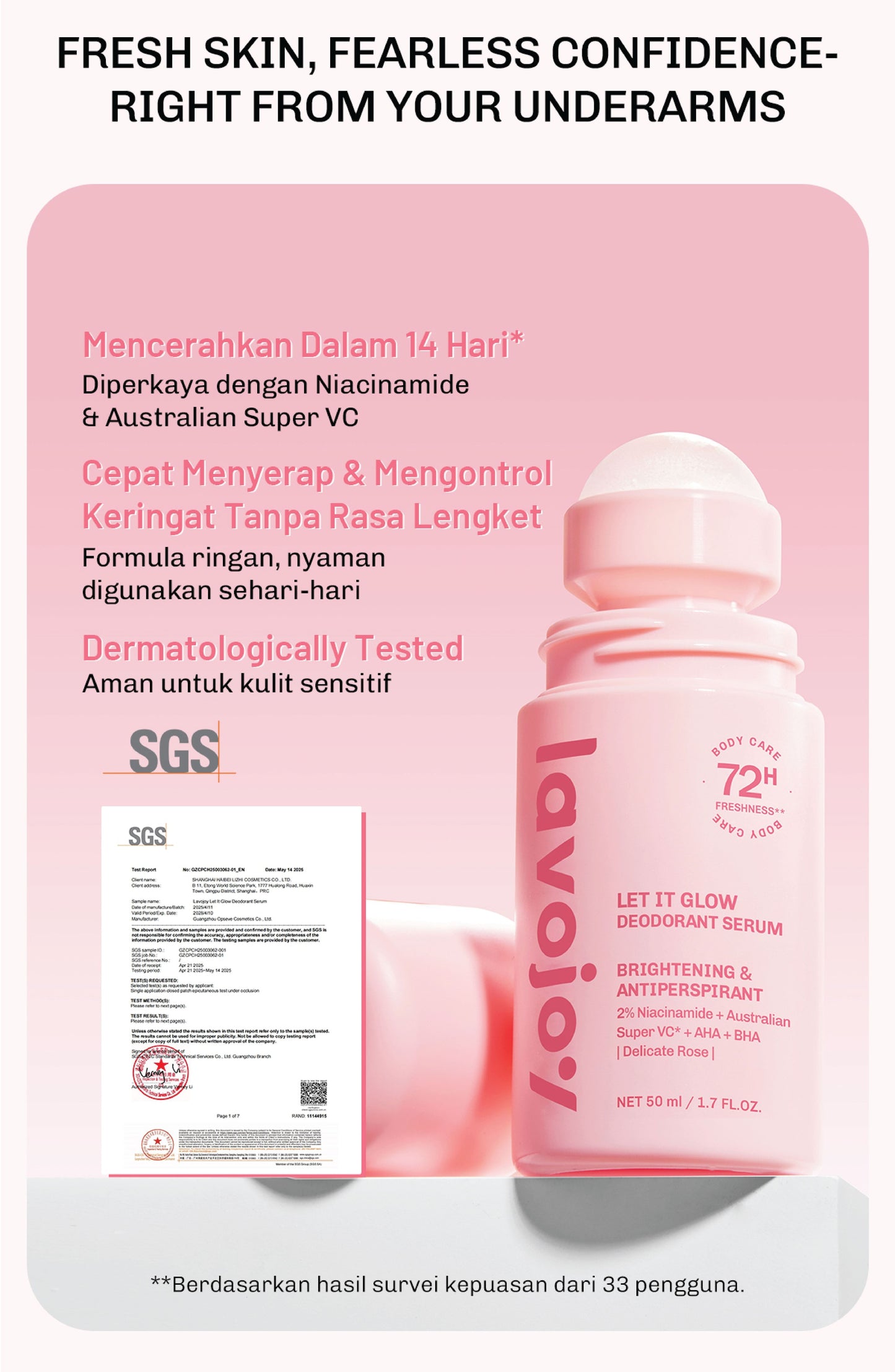 Lavojoy Let It Glow Deodorant Serum - Paket Perawatan Pencerah Ketiak & Kulit Tubuh, 72 Jam Perlindungan Bau & Keringat, Cepat Kering 5 Detik, Aman Kulit Sensitif, Niacinamide + Vitamin C