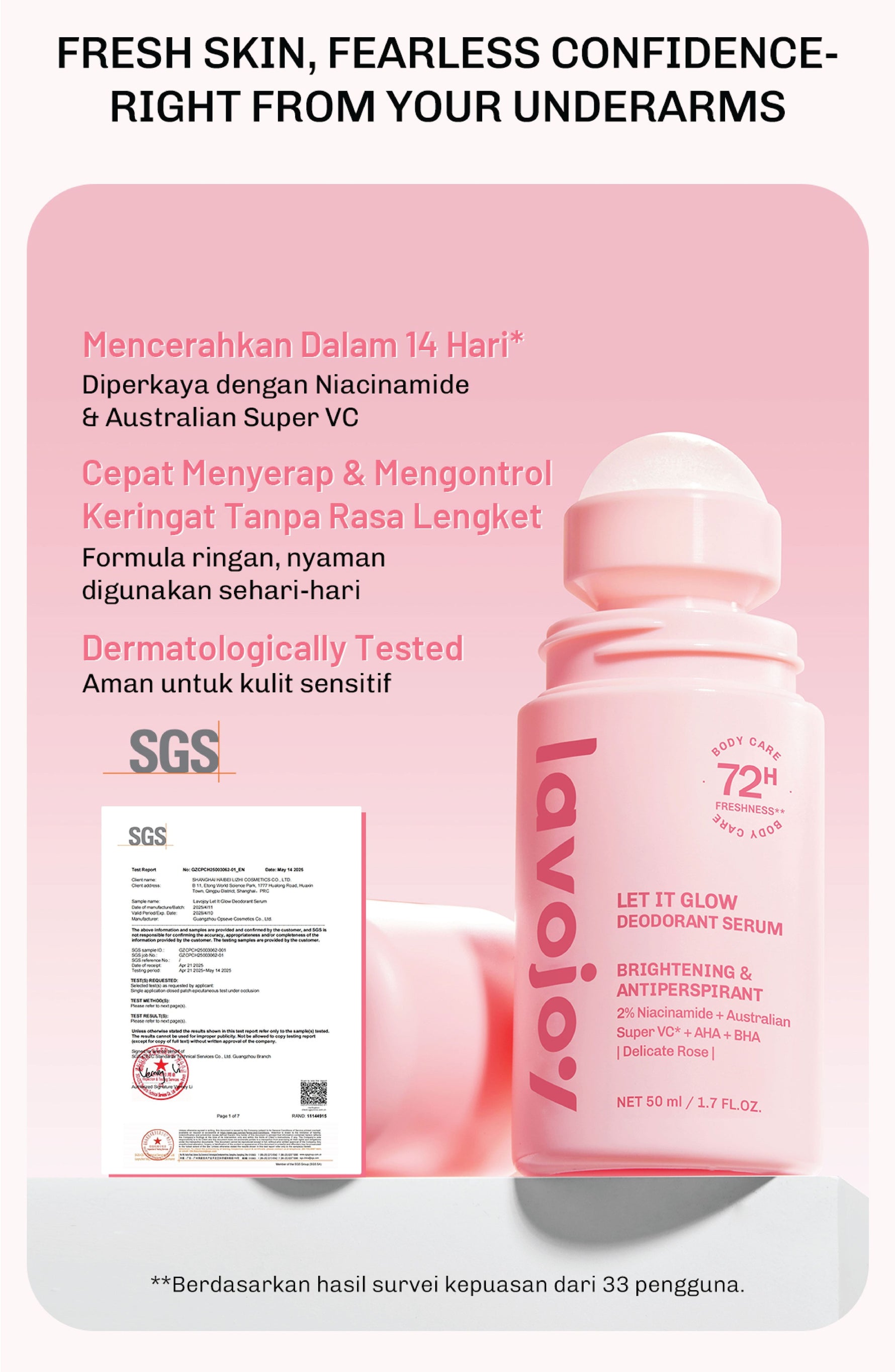 Lavojoy Let It Glow Deodorant Serum - Paket Perawatan Pencerah Ketiak & Kulit Tubuh, 72 Jam Perlindungan Bau & Keringat, Cepat Kering 5 Detik, Aman Kulit Sensitif, Niacinamide + Vitamin C