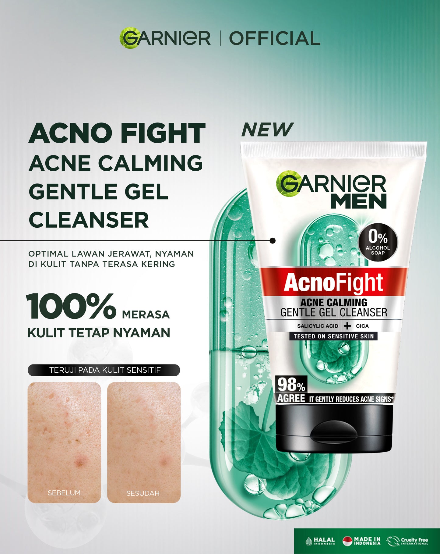 BARU Garnier Men Facial Wash Acno Fight Acne Calming Gentle Low PH Gel Cleanser 100ml Sabun Cuci Muka Pria Moisturizer Sunscreen Face Wash Facial Wash