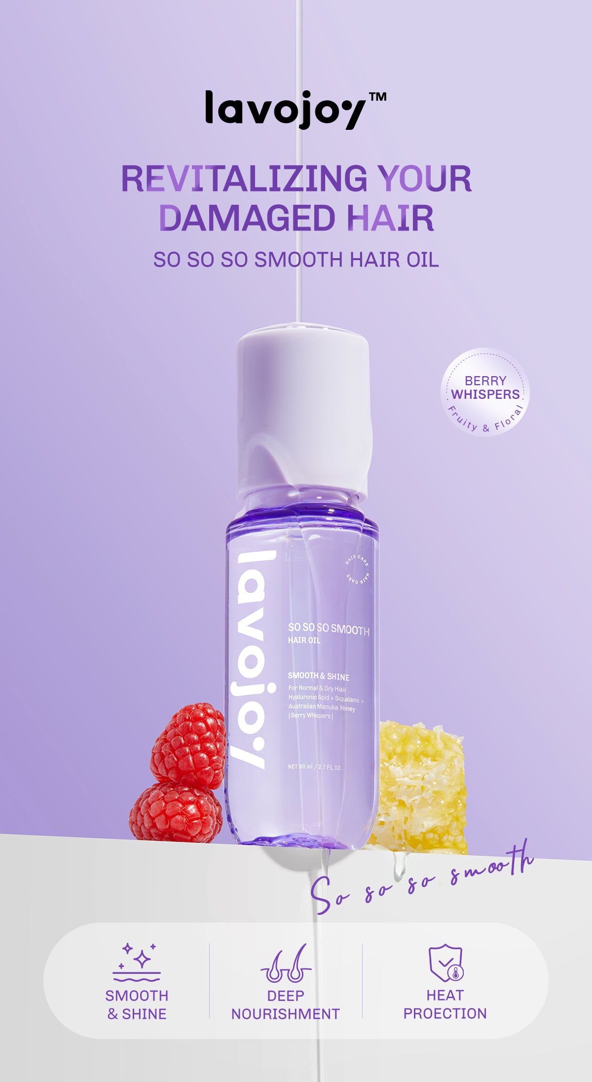 Lavojoy So So So Smooth Hair Oil 80ml  – Hair Oil Rambut Kering & Kusut, Melembutkan, Mengurangi Rambut Mengembang, Perlindungan Rambut Dari Panas Berlebih, Dengan 9 Natural Oils & Vitamin E