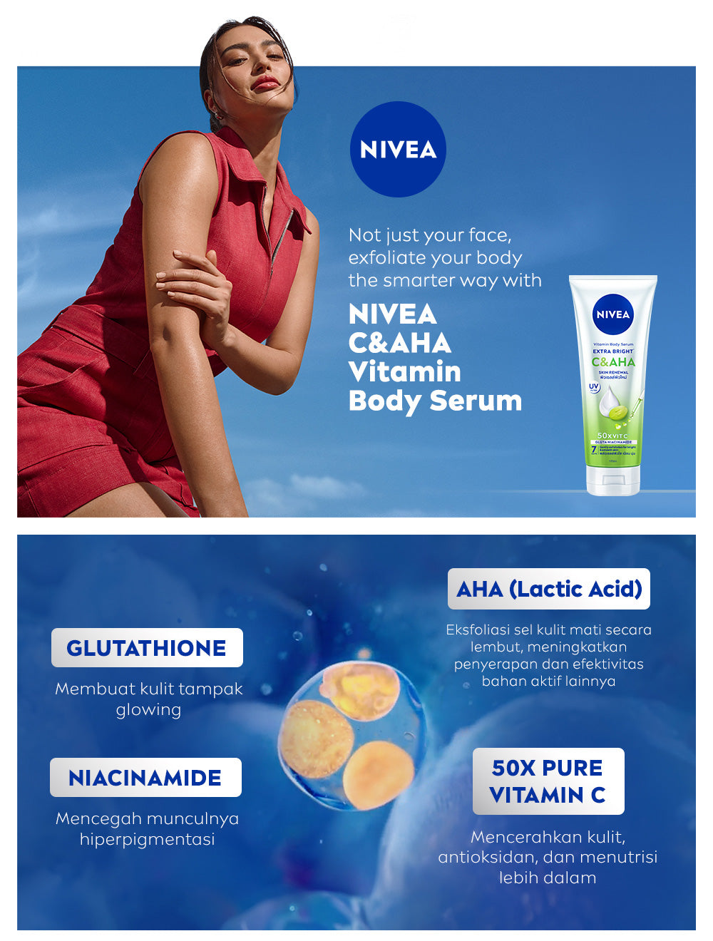 NIVEA Body Serum Extra Bright C&AHA UV Filter 170ml - Hand body serum lotion moisturizer eksfoliasi halus gentle exfoliating mencerahkan kulit bening brightening melembabkan kering harian tidak lengket - Vitamin C, Niacinamide, Glutathione, AHA