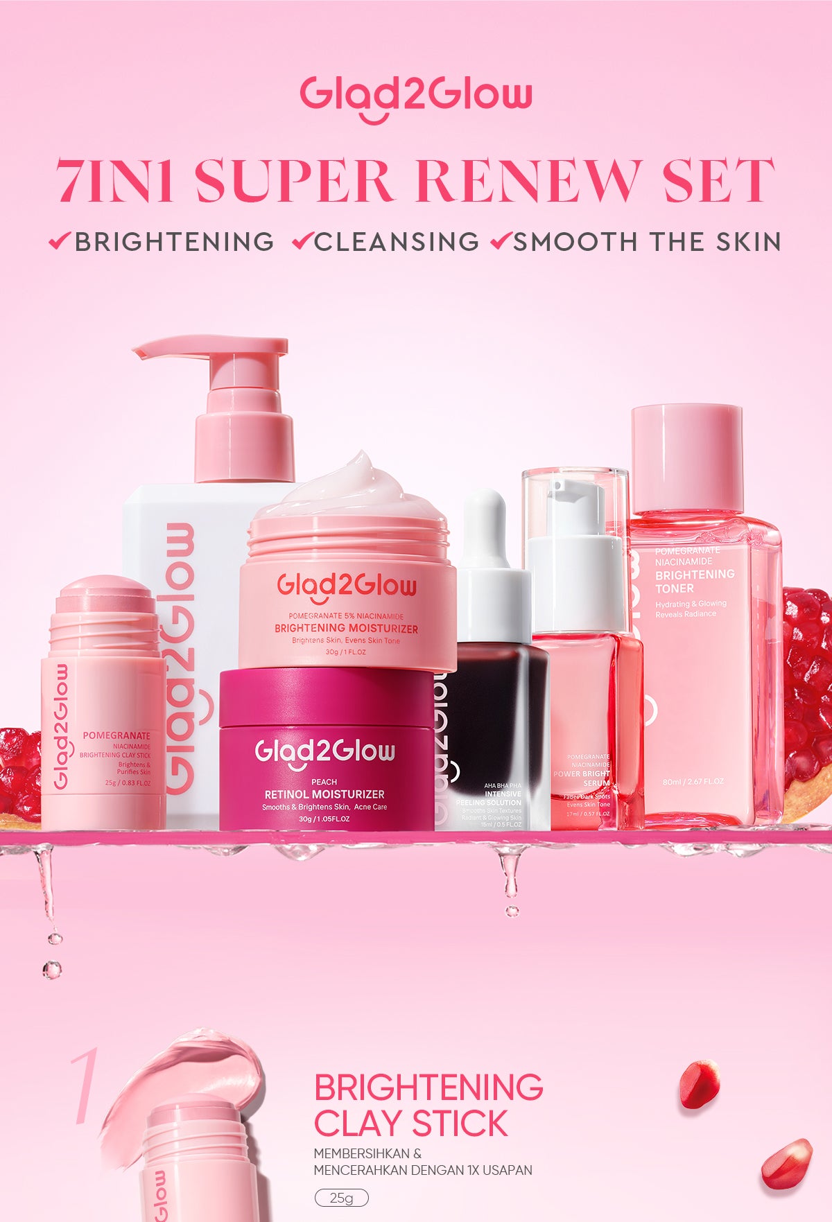 [Cocok Untuk Pemula] Glad2Glow Cerah Glowing Bundle all in 1 7in1-Brightening Moisturizer+Serum+Cleanser+toner+Peeling solution+Retinol 10%Niacinamide skincare paket pembersih perawatan kulit mencerahkan warna kulit pelembab wajah g2glow official store