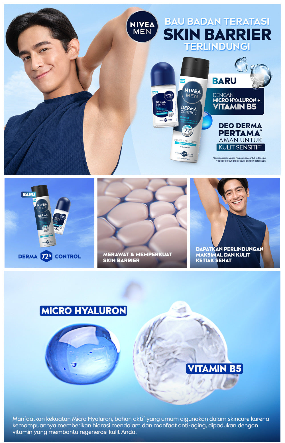 NIVEA MEN Deodorant Roll On Derma Control Defend 50ml - Deodoran pria skin barrier kulit ketiak sensitif melindungi anti keringat berlebih bau badan penggunaan harian dermatologis tidak lengket - Hyaluron, Vitamin B5, Antiperspiran, 0% Alkohol, Halal
