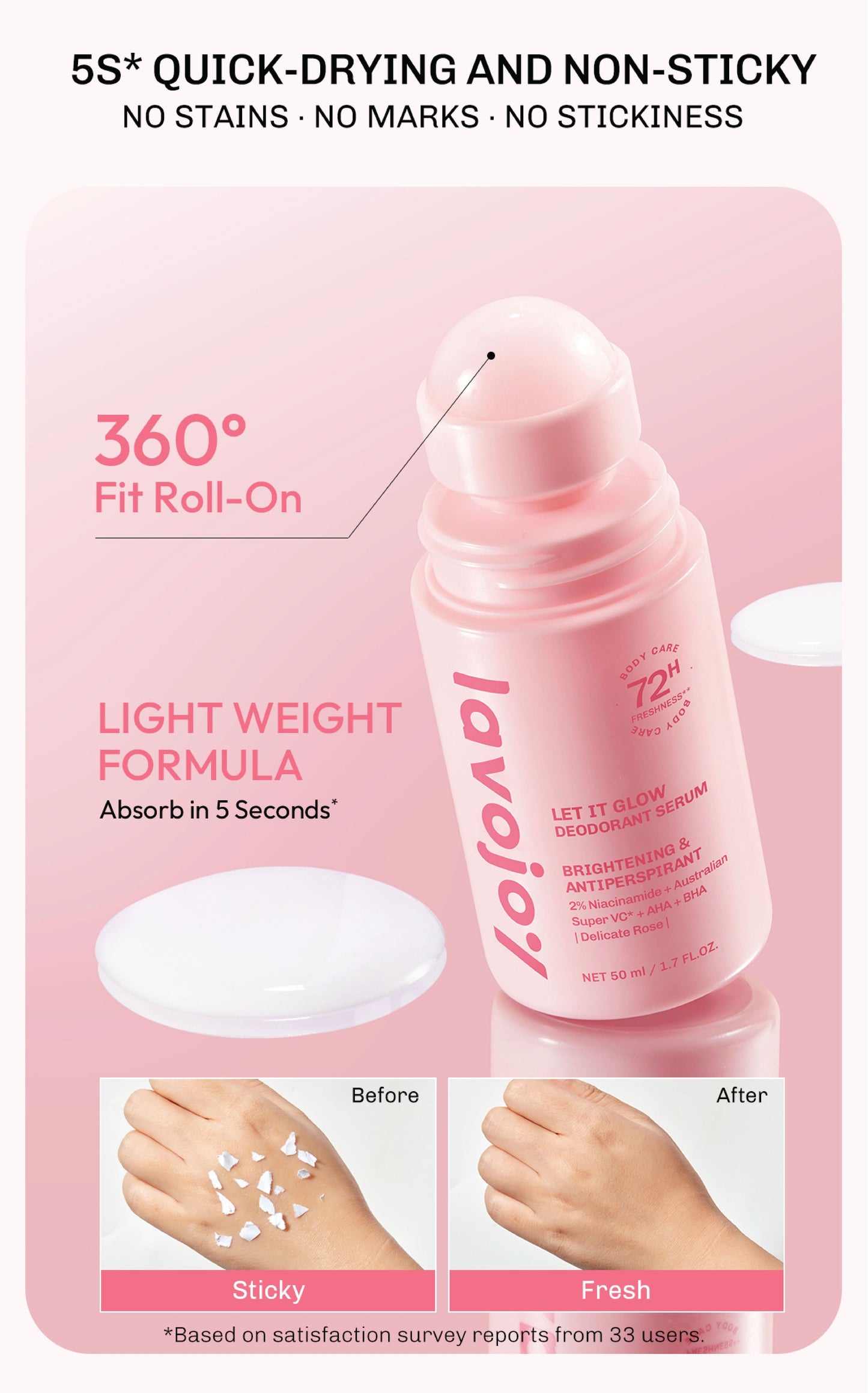 Lavojoy Let It Glow Deodorant Serum - Paket Perawatan Pencerah Ketiak & Kulit Tubuh, 72 Jam Perlindungan Bau & Keringat, Cepat Kering 5 Detik, Aman Kulit Sensitif, Niacinamide + Vitamin C