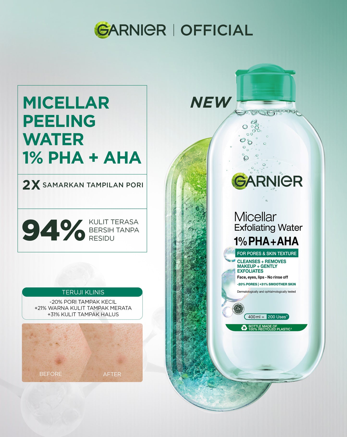 Garnier Micellar Peeling Water 1% AHA + PHA - 125ml (Pembersih Wajah & Make up untuk mengangkat sel kulit mati)