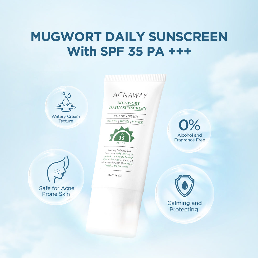ACNAWAY Mugwort Daily Sunscreen SPF 35 PA+++ – Sunscreen Wajah Ringan UV Protection Lightweight No Whitecase No Comedogenic Acne Calming Tabir Surya Cepat Menyerap untuk Kulit Berjerawat Melembapkan & Melindungi Kulit Berjerawat Cocok Semua Jenis Kulit