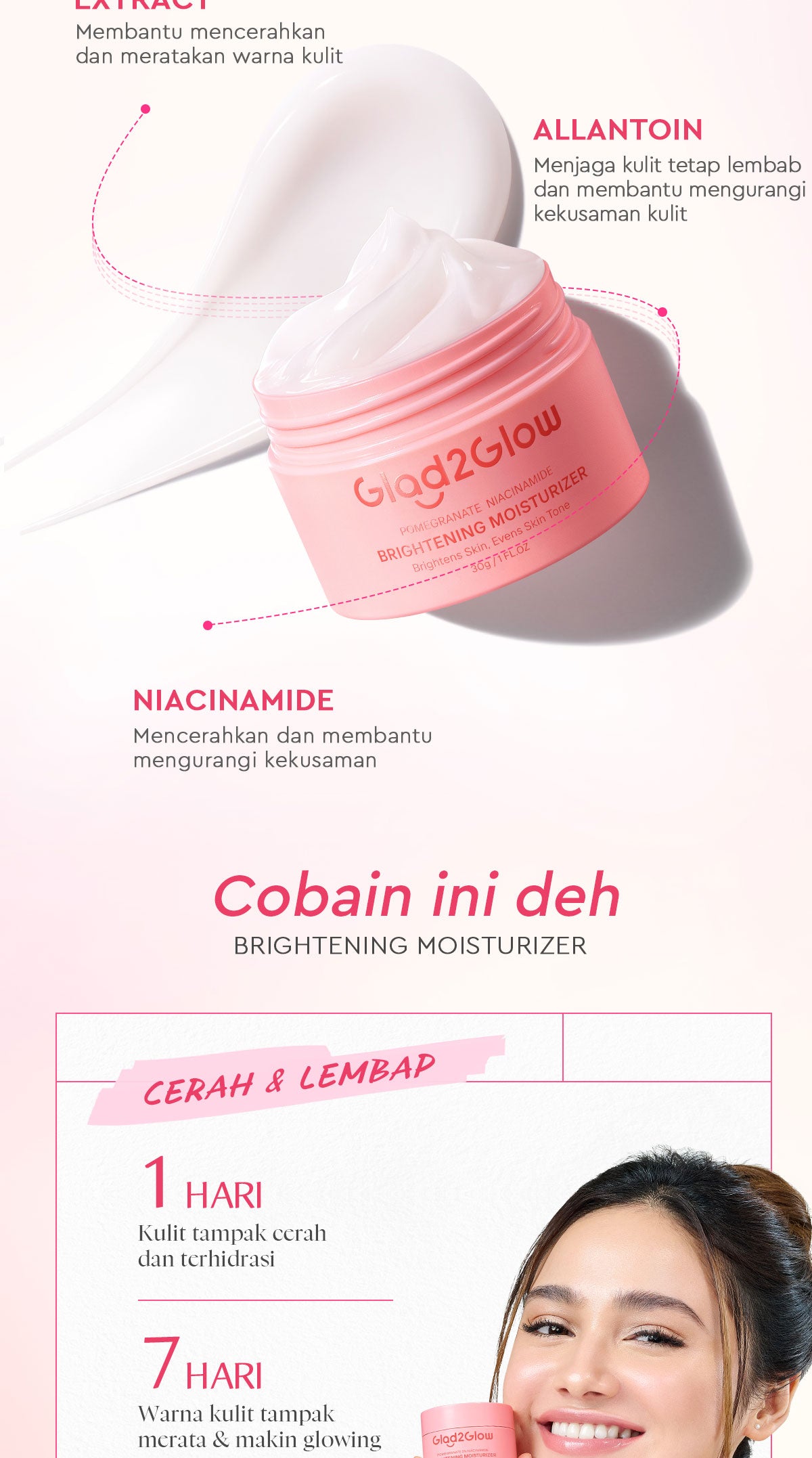 Glad2Glow Pomegranate Niacinamide Brightening Moisturizer Mencerahkan Pemutih Kulit Gel Pelembab Bercahaya Krim Siang dan Malam Perawatan Kulit Ekstrak Delima Asam Lemak Asam Delima Pelembab Esensi Wajah Perawatan Kulit  Pembersih  g2glow official store