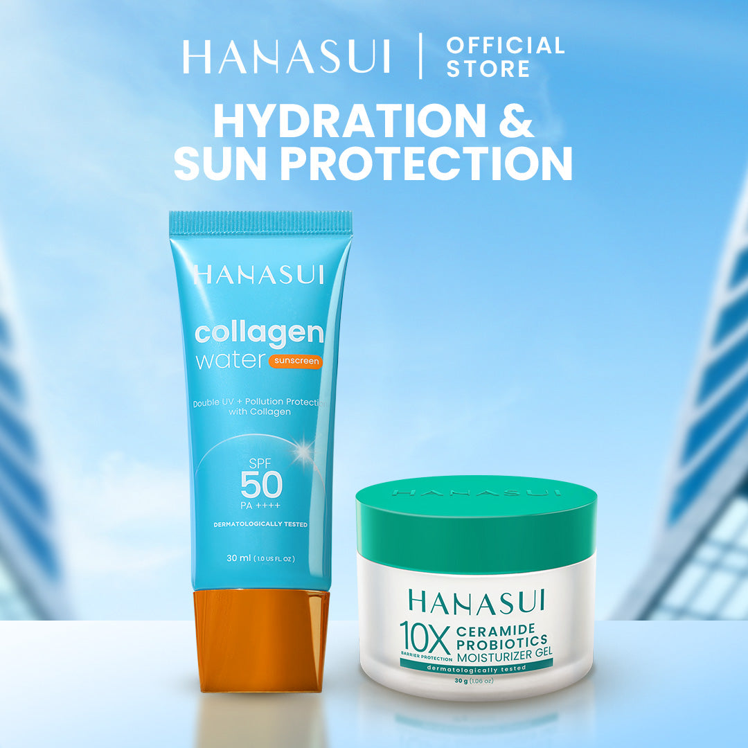 Hanasui Skincare Set | Collagen Water Sunscreen SPF 50 Power Bright Expert Serum Exfoliating Serum Ceramide Probiotics Moisturizer Gel Wajah Mencerahkan