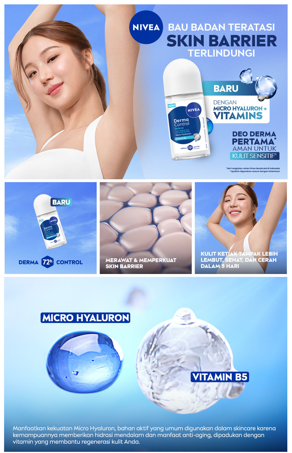 NIVEA Deodorant Roll On Derma Control Defend 50ml - Deodoran wanita skin barrier kulit ketiak sensitif perlindungan anti keringat berlebih bau badan penggunaan harian dermatologis tidak lengket - Hyaluron, Vitamin B5, Antiperspiran, 0% Alkohol, Halal