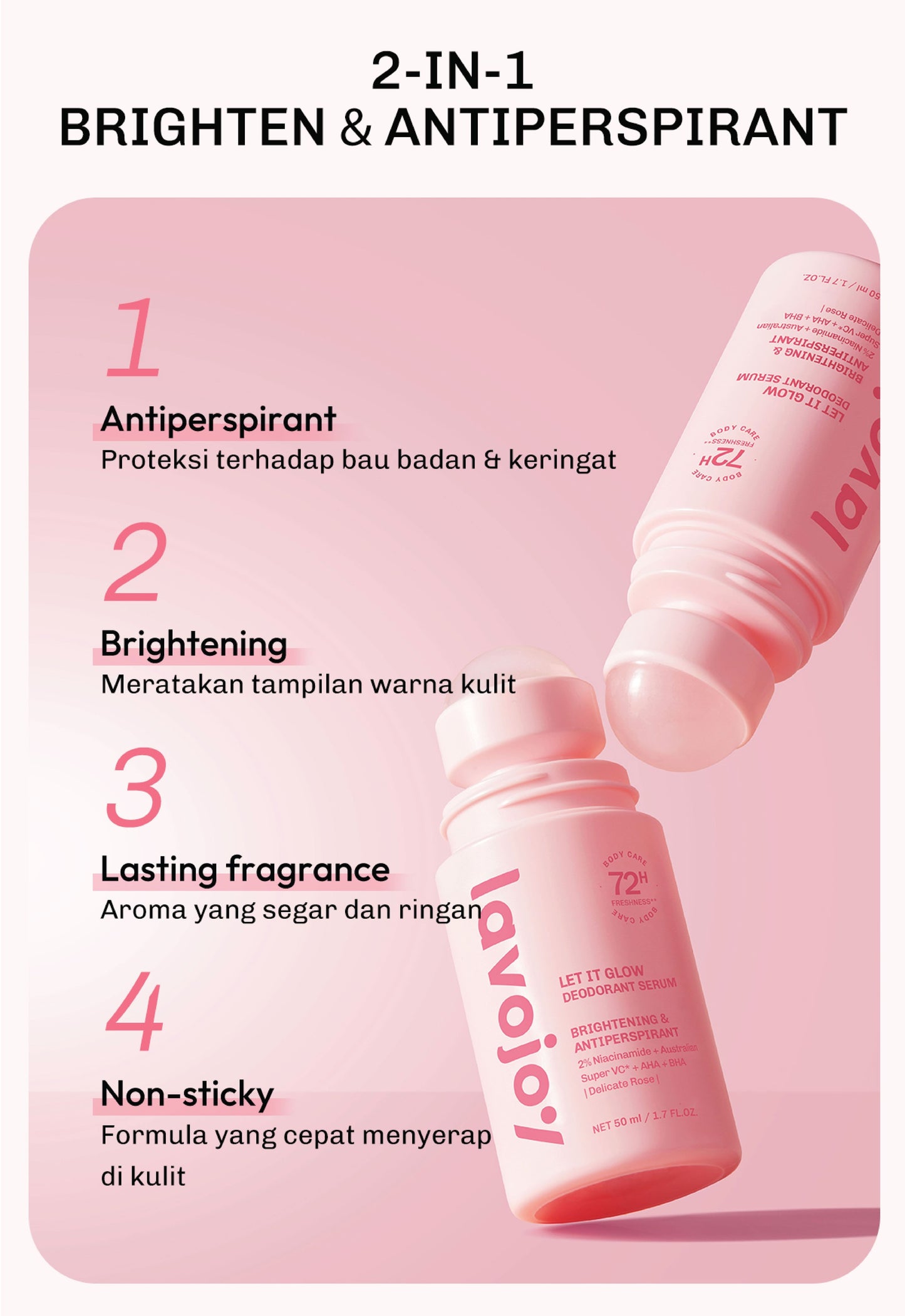 Lavojoy Let It Glow Deodorant Serum - Paket Perawatan Pencerah Ketiak & Kulit Tubuh, 72 Jam Perlindungan Bau & Keringat, Cepat Kering 5 Detik, Aman Kulit Sensitif, Niacinamide + Vitamin C