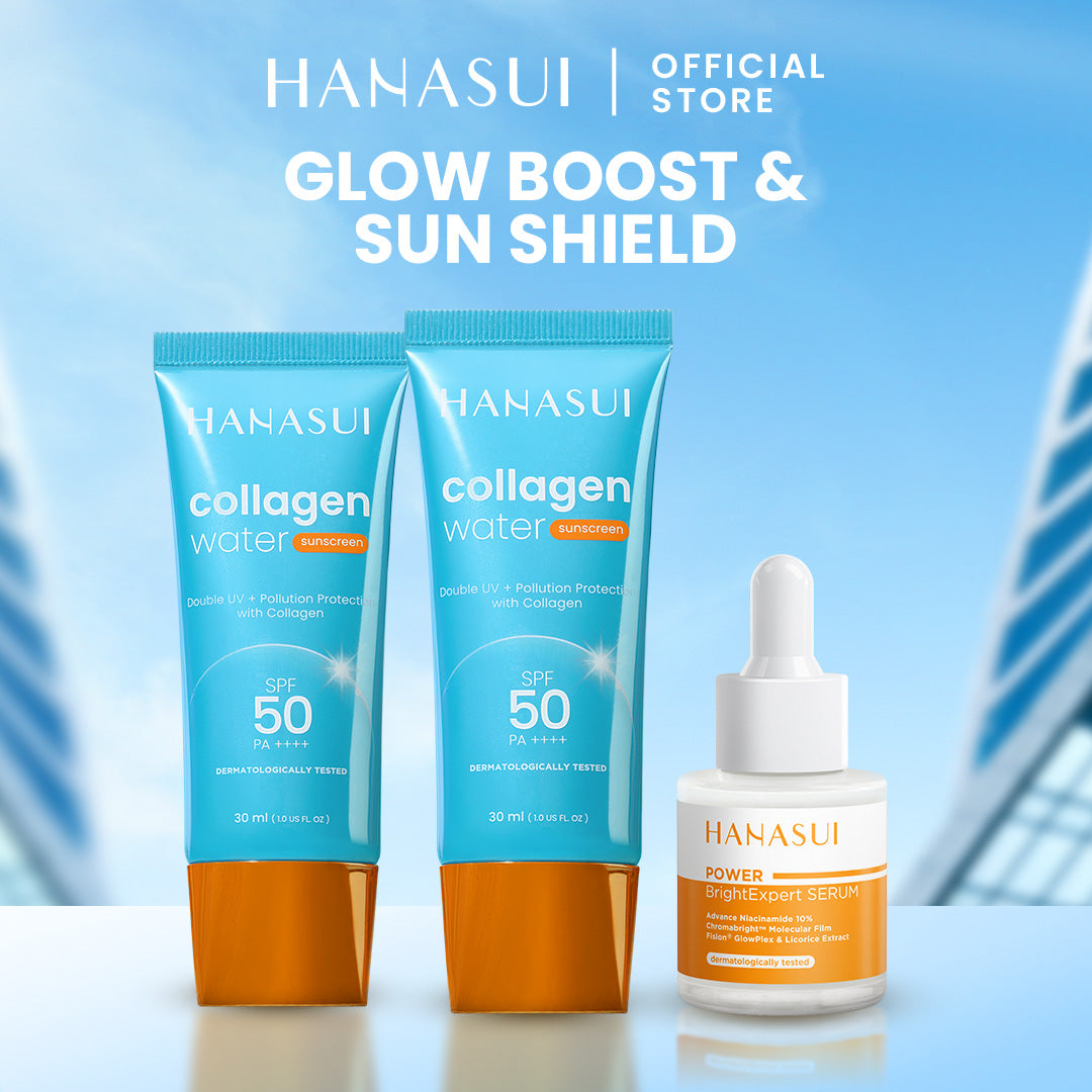 Hanasui Skincare Set | Collagen Water Sunscreen SPF 50 Power Bright Expert Serum Exfoliating Serum Ceramide Probiotics Moisturizer Gel Wajah Mencerahkan