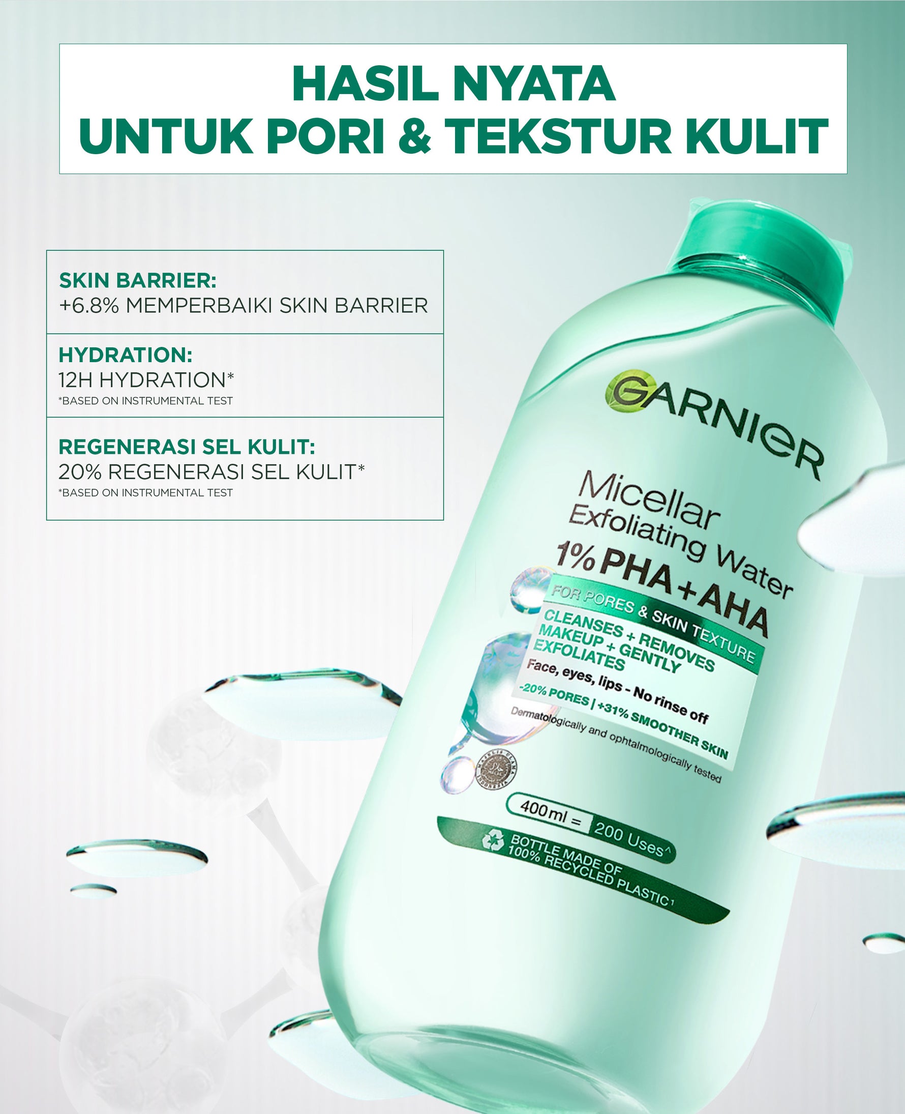 BARU Garnier Micellar Water Peeling Exfoliating 1% AHA + PHA - 400ml Skincare Pembersih Wajah & Make up untuk mengangkat sel kulit mati