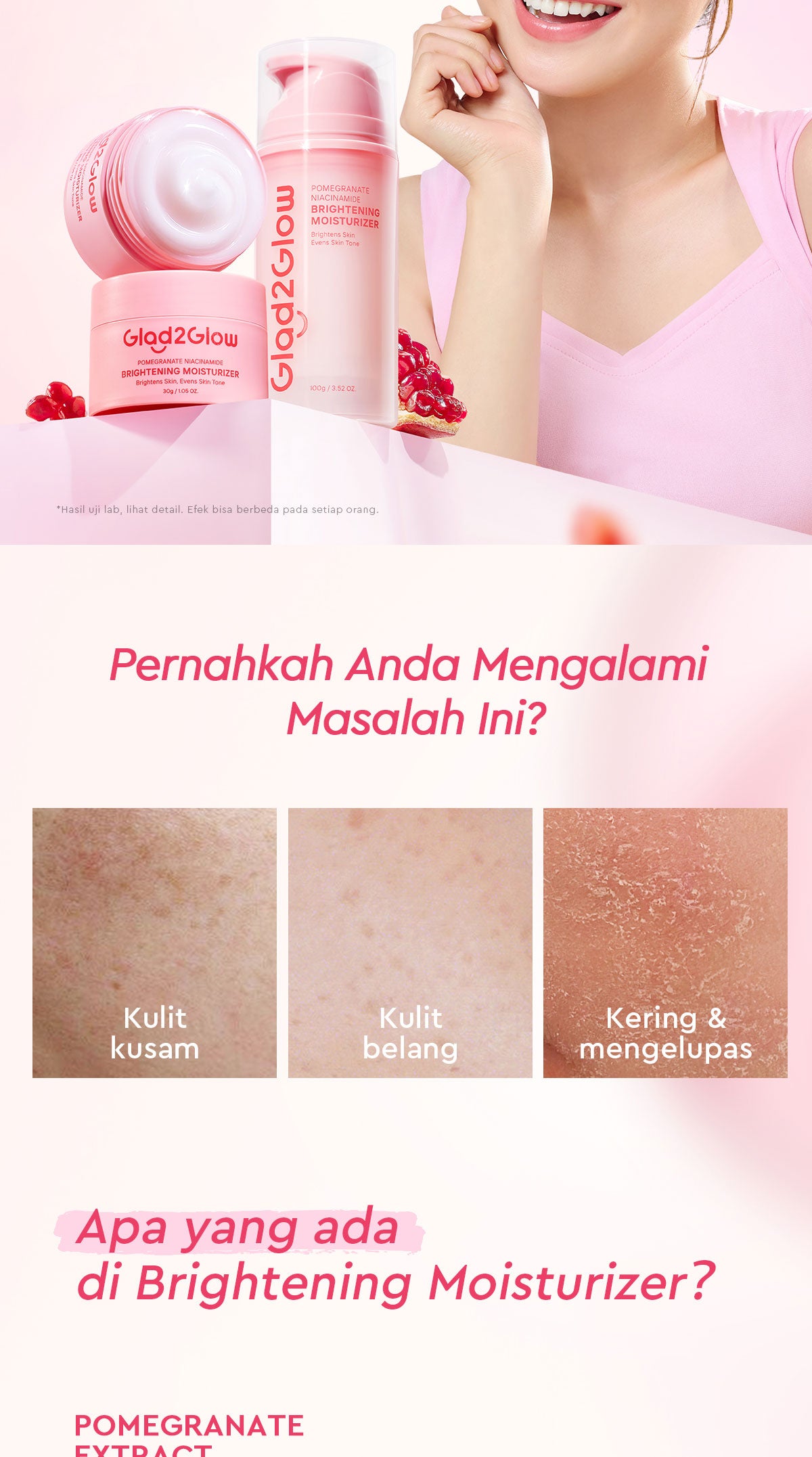 Glad2Glow Pomegranate Niacinamide Brightening Moisturizer Mencerahkan Pemutih Kulit Gel Pelembab Bercahaya Krim Siang dan Malam Perawatan Kulit Ekstrak Delima Asam Lemak Asam Delima Pelembab Esensi Wajah Perawatan Kulit  Pembersih  g2glow official store