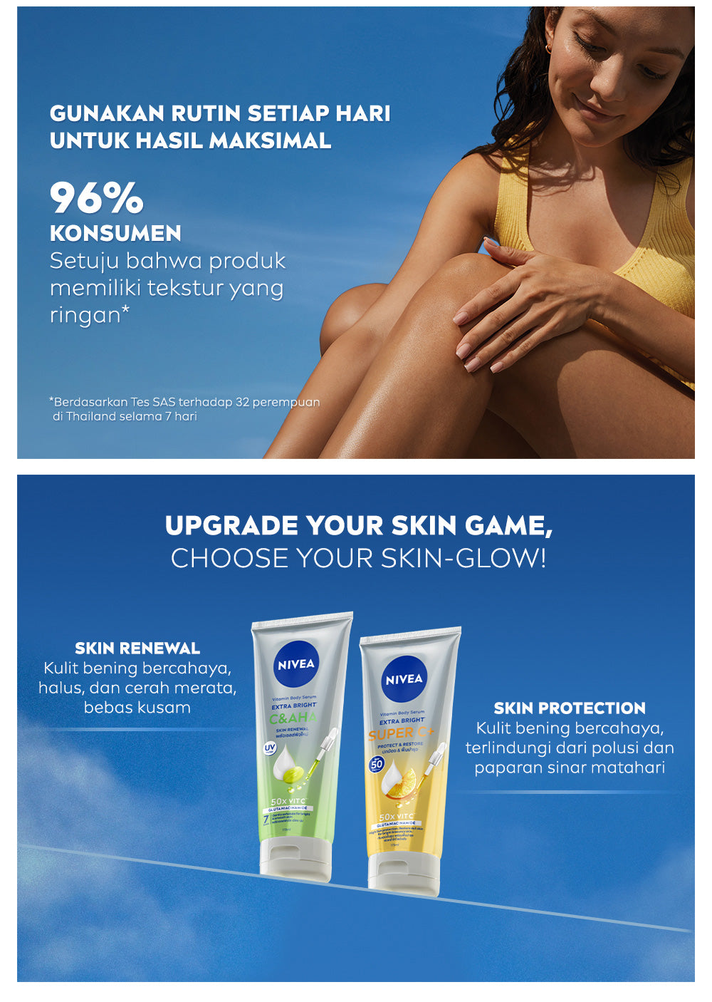 NIVEA Body Serum Extra Bright Super C+ SPF50+ PA+++ 70ml - Hand body serum lotion moisturizer mencerahkan kulit kusam bening badan glowing brightening melembabkan kering SPF UV matahari harian tidak lengket - Vitamin C, Niacinamide, Glutathione