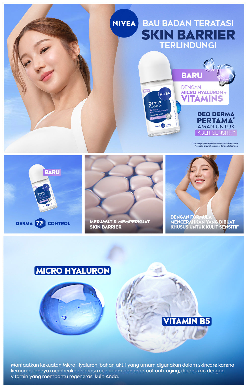 NIVEA Deodorant Roll On Derma Control Restore 50ml - Deodoran wanita skin barrier memperbaiki kulit ketiak sensitif mencerahkan anti keringat berlebih bau badan penggunaan harian tidak lengket - Hyaluron, Vitamin E, Antiperspiran, 0% Alkohol, Halal
