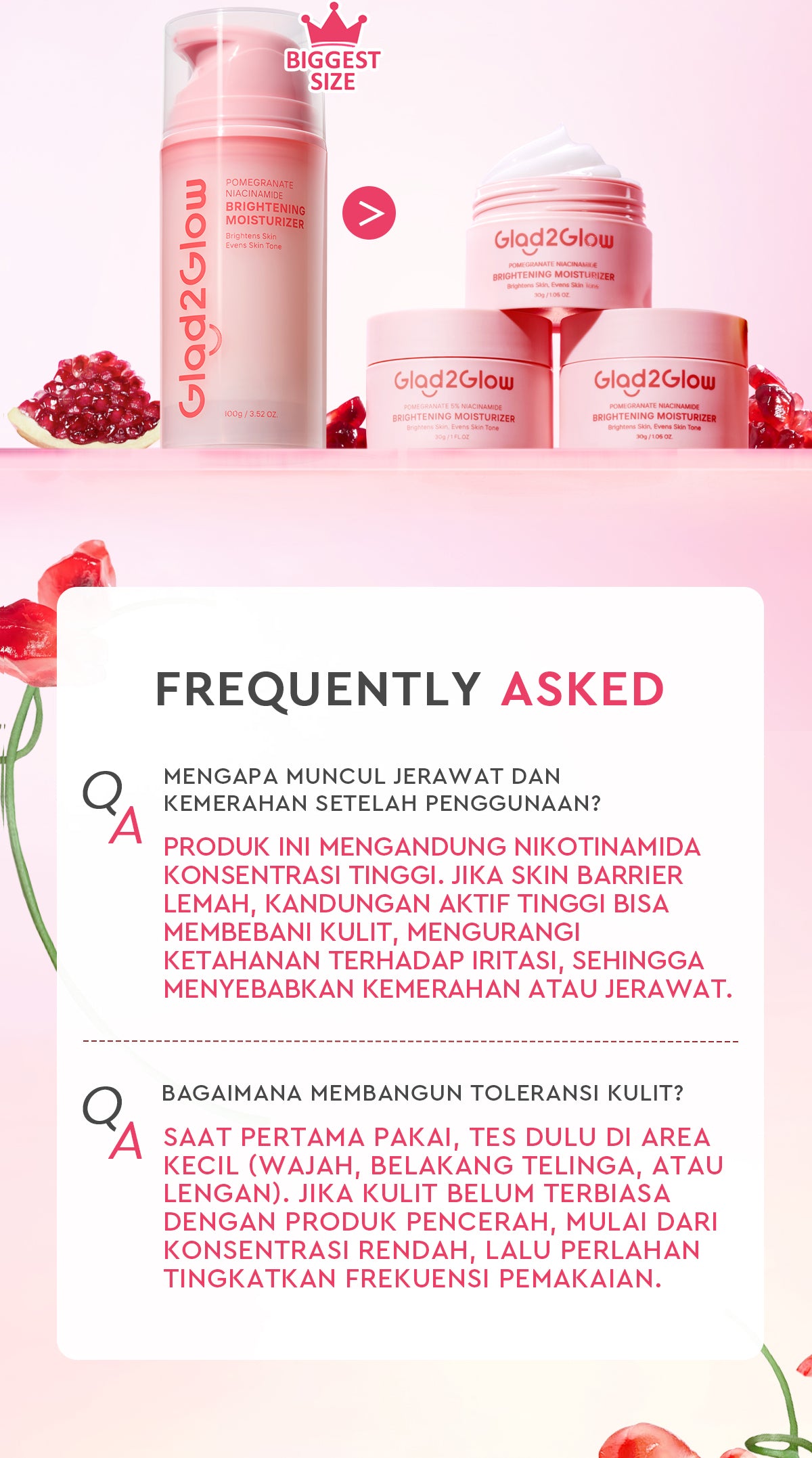 Glad2Glow Pomegranate Niacinamide Brightening Moisturizer Mencerahkan Pemutih Kulit Gel Pelembab Bercahaya Krim Siang dan Malam Perawatan Kulit Ekstrak Delima Asam Lemak Asam Delima Pelembab Esensi Wajah Perawatan Kulit  Pembersih  g2glow official store