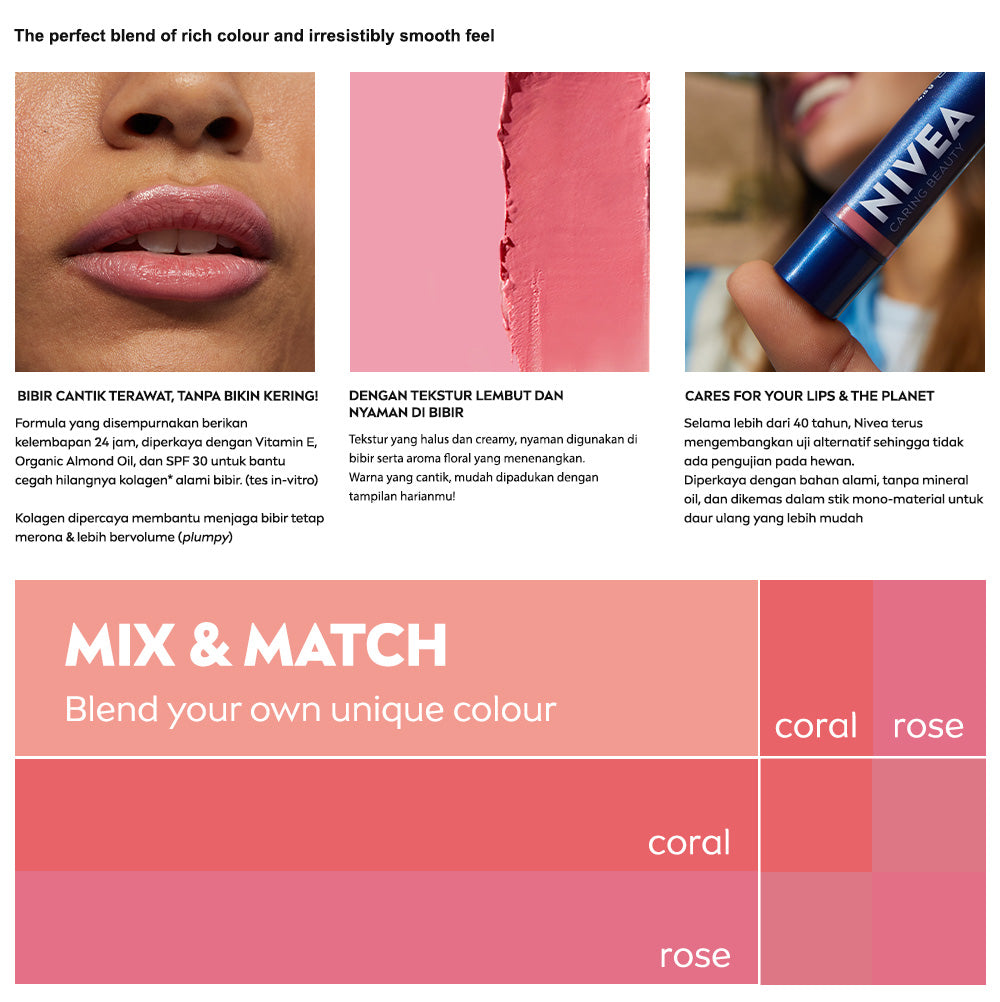 NIVEA Lip Balm Caring Color Rose 3 in 1 SPF 30 4.8gr - Pelembap bibir warna pink tinted pigmented melembabkan plumpy kering pecah-pecah tahan lama melindungi bibir natural intensif lembap glossy - Vitamin C & E, 3 Natural Oils, Shea Butter