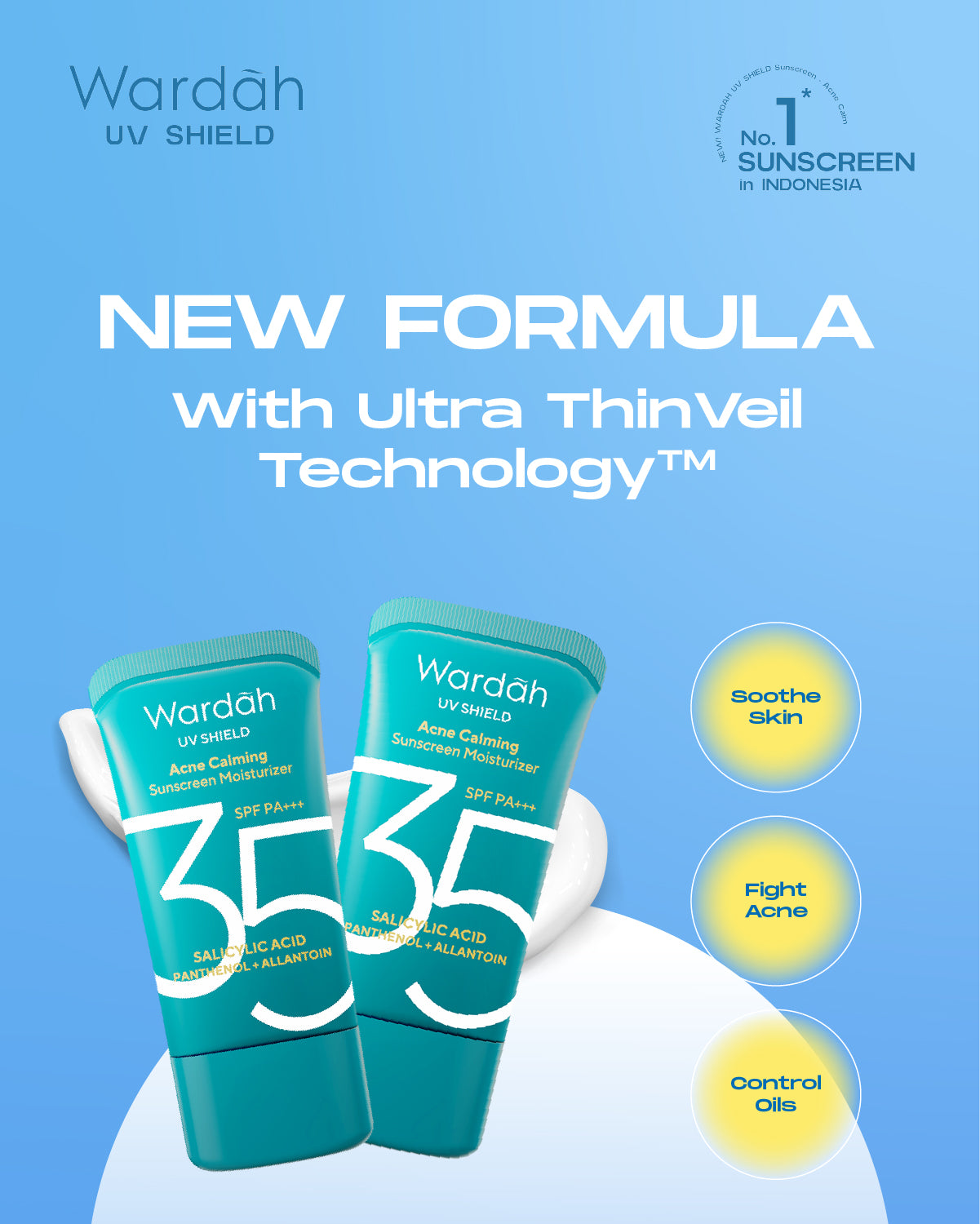 WARDAH UV Shield Acne Calming Sunscreen Moisturizer SPF 35 PA untuk komedo jerawat dan bekas jerawat kulit berminyak tekstur gel ringan mudah meresap Skincare