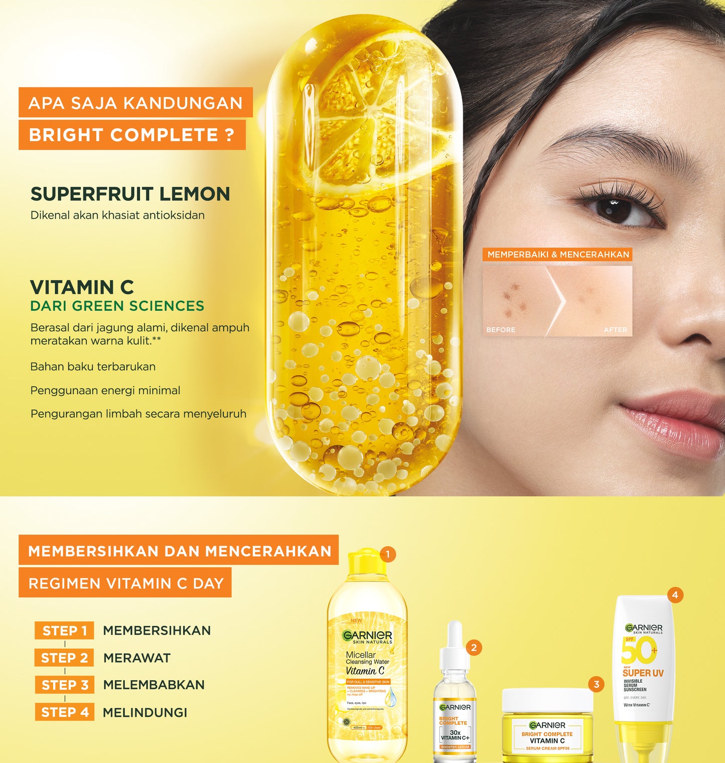 GARNIER Bright Complete Vitamin C Brightening Serum Day Cream Krim Mencerahkan SPF 36 PA +++ 50 ml Moisturizer Tone Up Glowing Skincare - Krim Siang pelembab wajah pemutih wajah