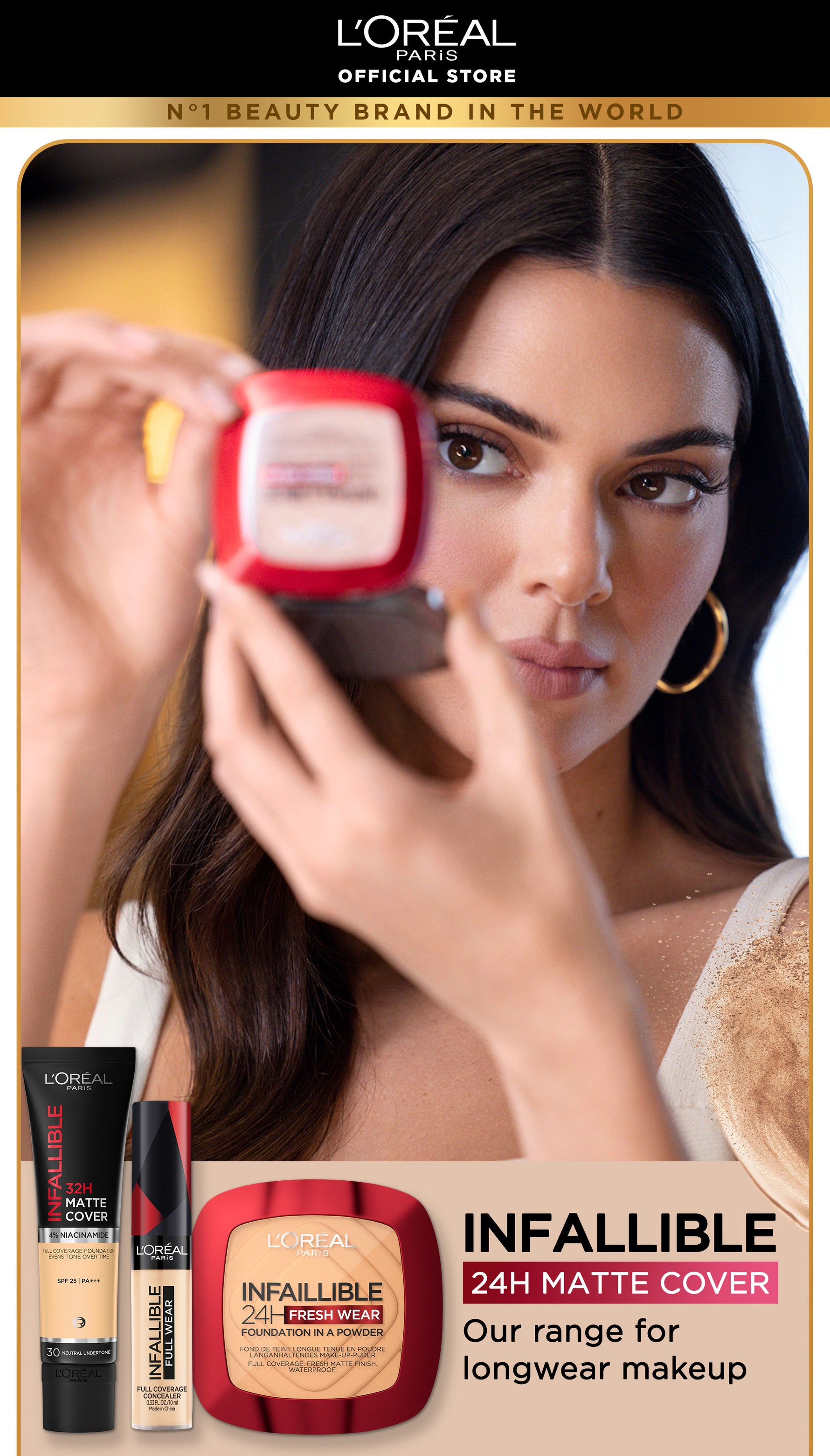 L'Oreal Paris Infallible 24h Fresh Wear Powder Foundation High Coverage, Fresh and Matte Finish Makeup - 9gr (Bedak Matte Tahan 24 Jam)