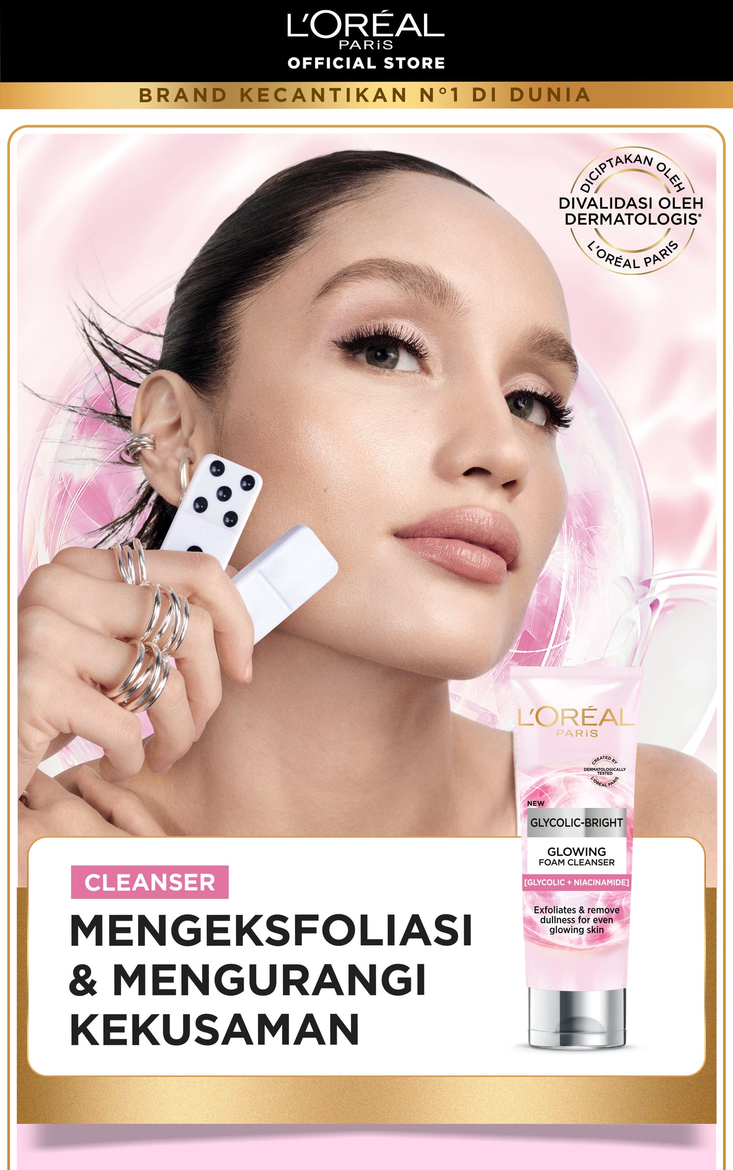 L'Oreal Paris Glycolic Bright Daily Cleanser Foam - 50/100ml Skin Facial Wash Loreal Glyco Acid AHA Exfoliating Anti Dark Spot Wajah Peeling Muka