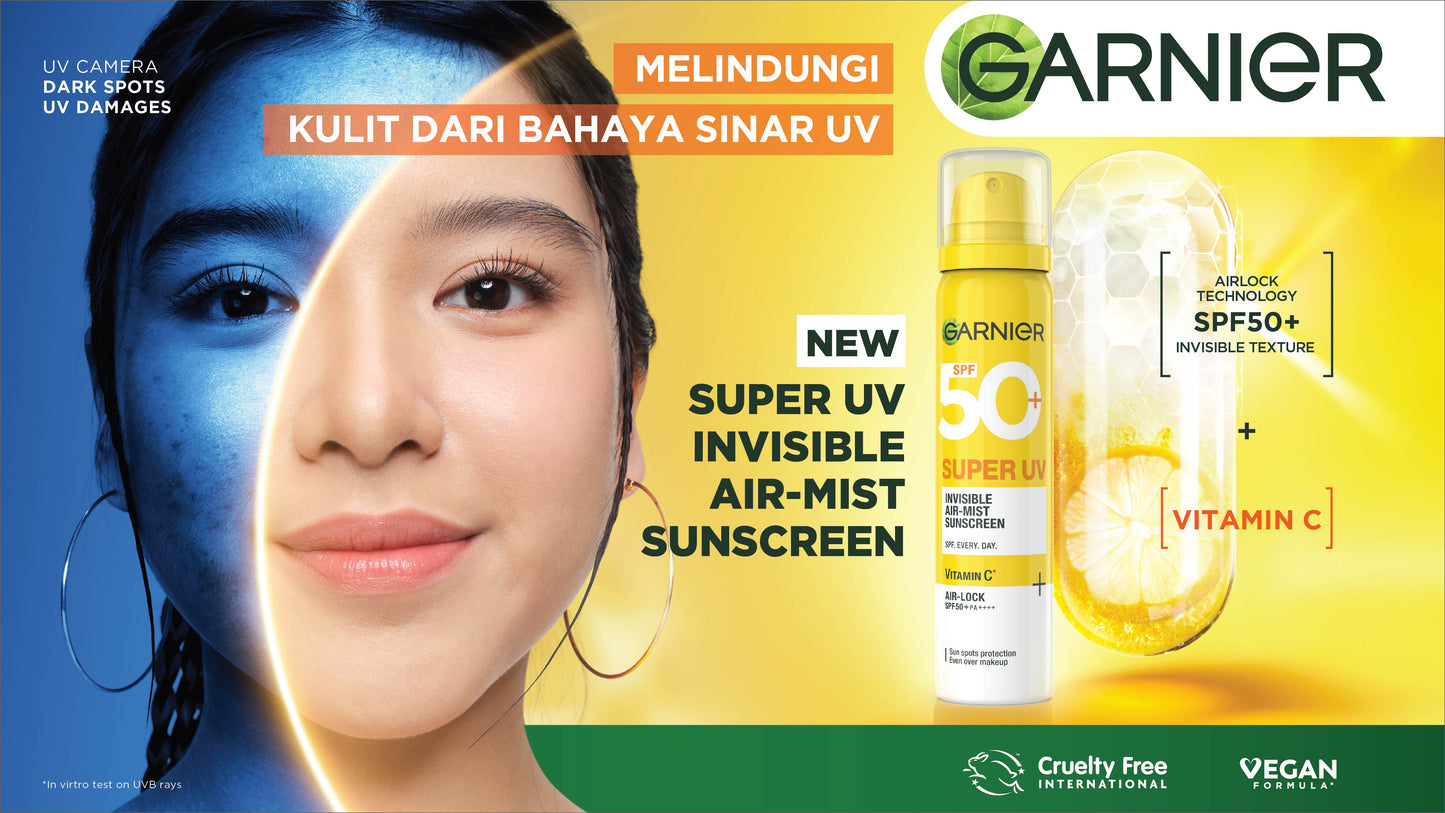 GARNIER Super UV Invisible Air-Mist Sunscreen SPF50+ PA++++ 75 ml | Sunscreen Spray UV Mist Sun Shield Tabir Surya