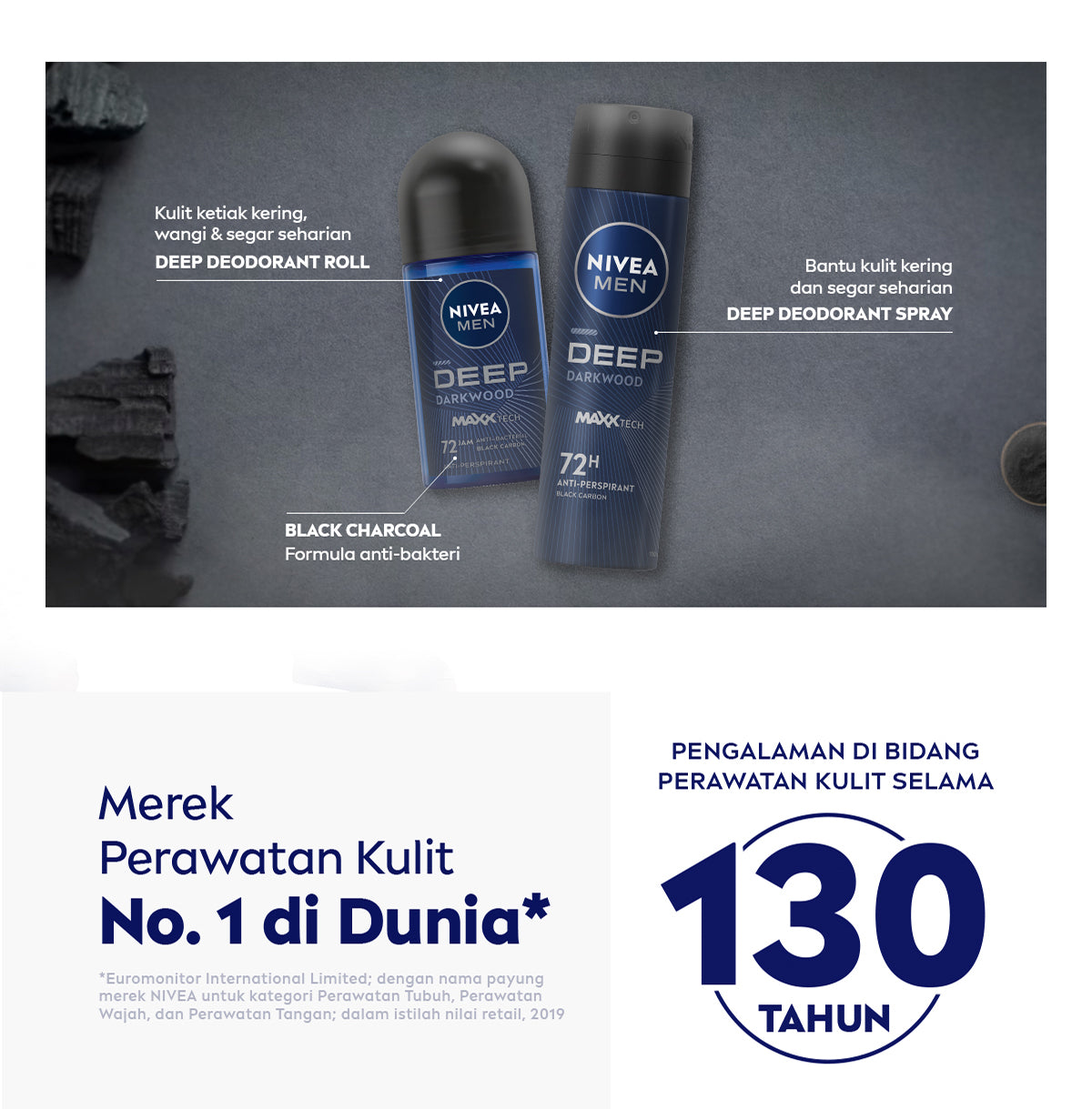NIVEA MEN Deodorant Roll On Deep Darkwood 50ml - Deodoran pria melawan bakteri keringat bau badan dengan wangi parfum premium maskulin blackwood menjaga ketiak kering tahan lama seharian - Antiperspiran, Black charcoal