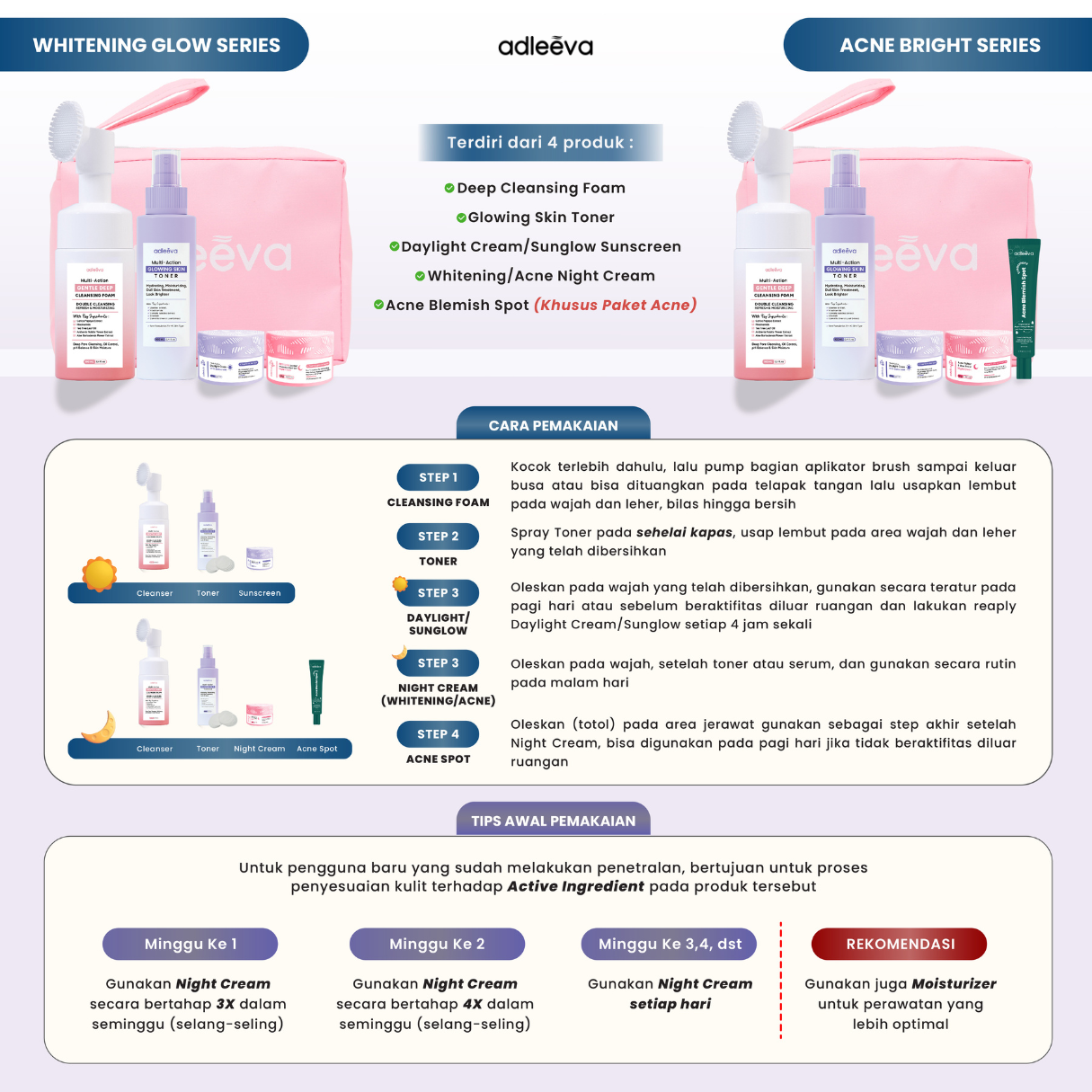 ADLEEVA - (Paket Pemula ISI 4) WHITENING Glow Booster / ACNE Bright Series Basic