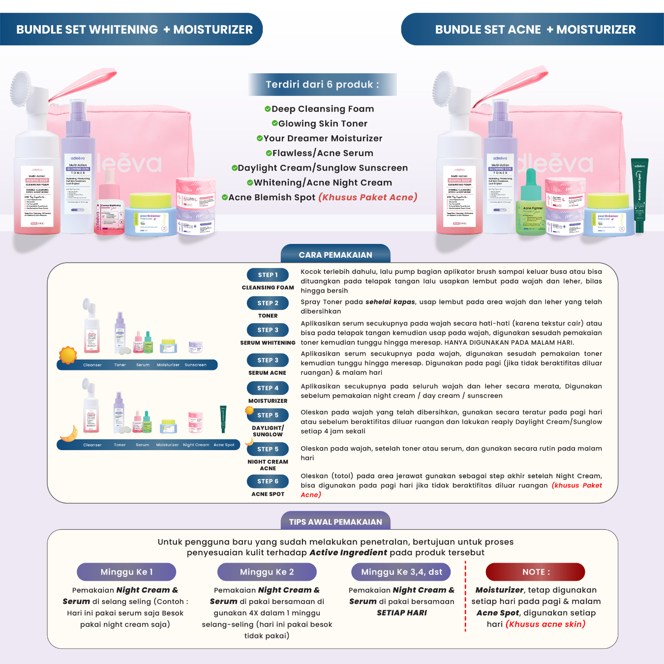 ADLEEVA - [BUNDLE SET] ACNE / WHITENING GLOWING SET (Paket Complete + Moisturizer + Essence) (PAKET HEMAT UNTUNG BANYAK)