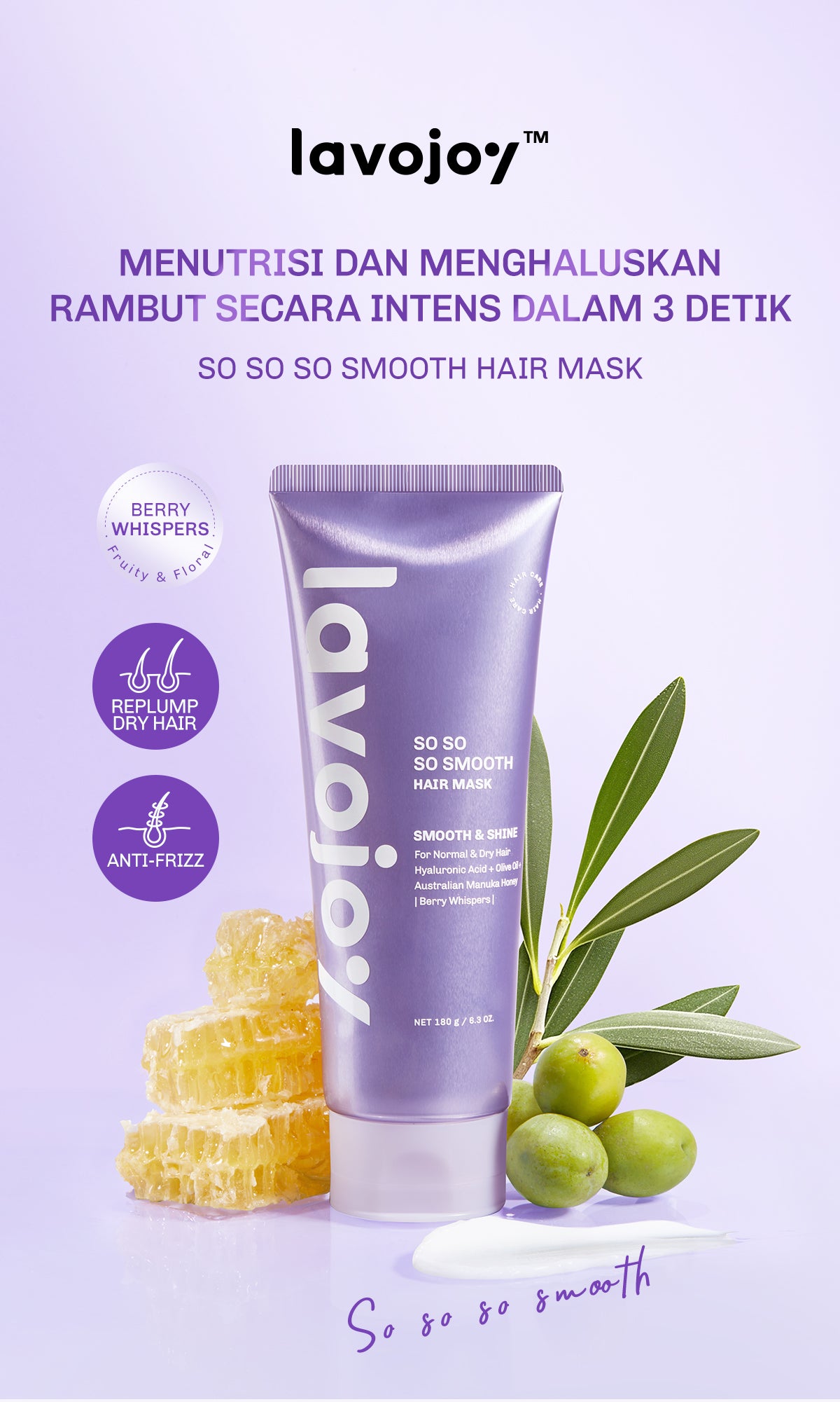 Lavojoy So So So Smooth Hair Mask 180gr | Masker Rambut Lembut Anti Kusut Frizzy | Masker Rambut Berkilau | Masker Rambut Kering | Repair Hair Mask with Hyaluronic Acid + Triple Seed Oil + Australian Manuka Honey