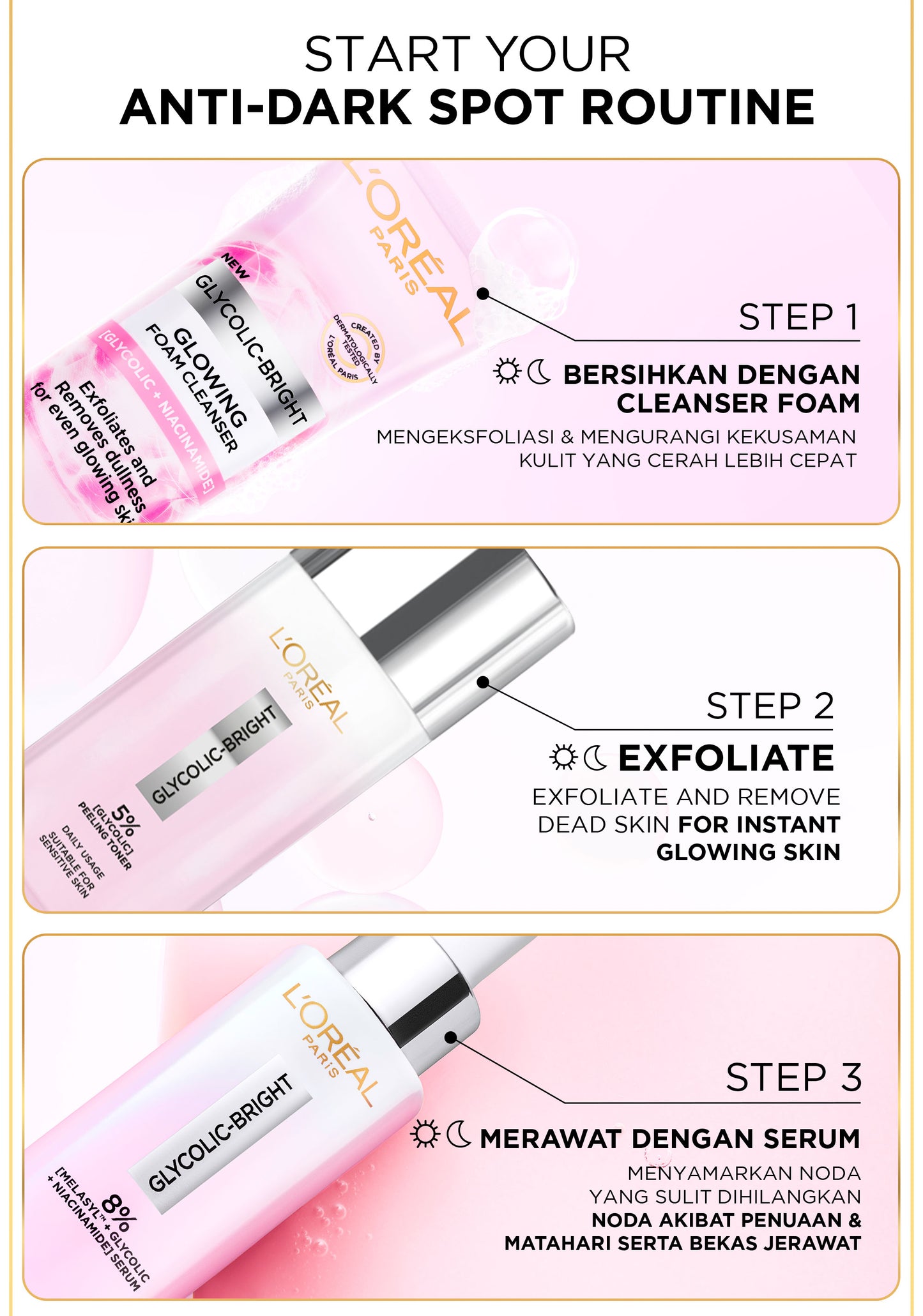 L'Oreal Paris Glycolic Bright Daily Cleanser Foam - 50/100ml Skin Facial Wash Loreal Glyco Acid AHA Exfoliating Anti Dark Spot Wajah Peeling Muka