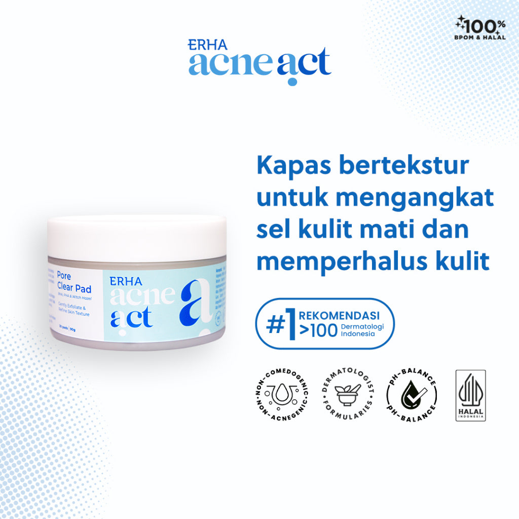 ERHA Acneact Pore Clear Pad 90g - Kapas Eksfoliasi Wajah Berjerawat | AHA, BHA, PHA