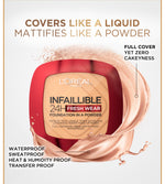 L'Oreal Paris Infallible 24h Fresh Wear Powder Foundation High Coverage, Fresh and Matte Finish Makeup - 9gr (Bedak Matte Tahan 24 Jam)