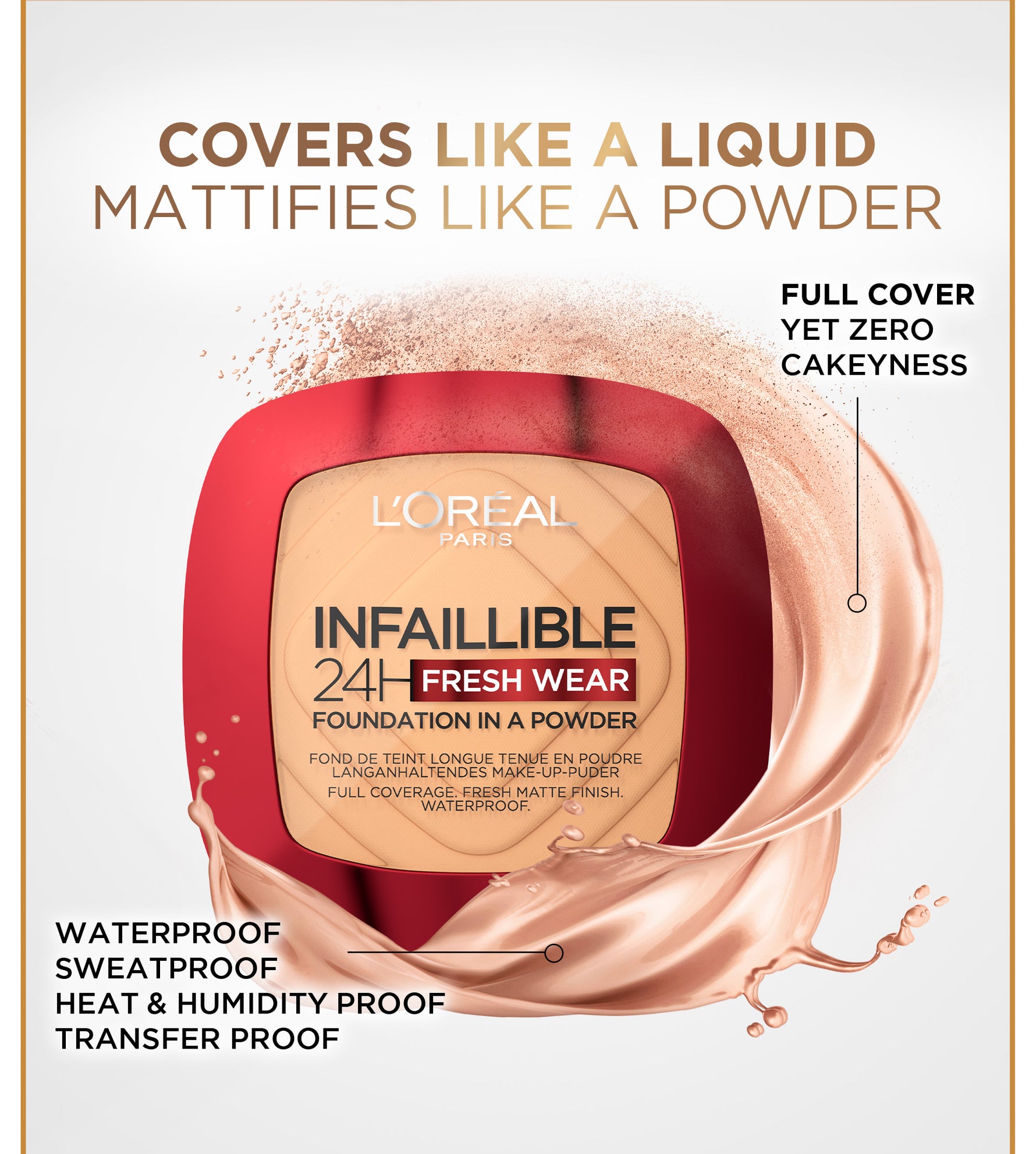 L'Oreal Paris Infallible 24h Fresh Wear Powder Foundation High Coverage, Fresh and Matte Finish Makeup - 9gr (Bedak Matte Tahan 24 Jam)