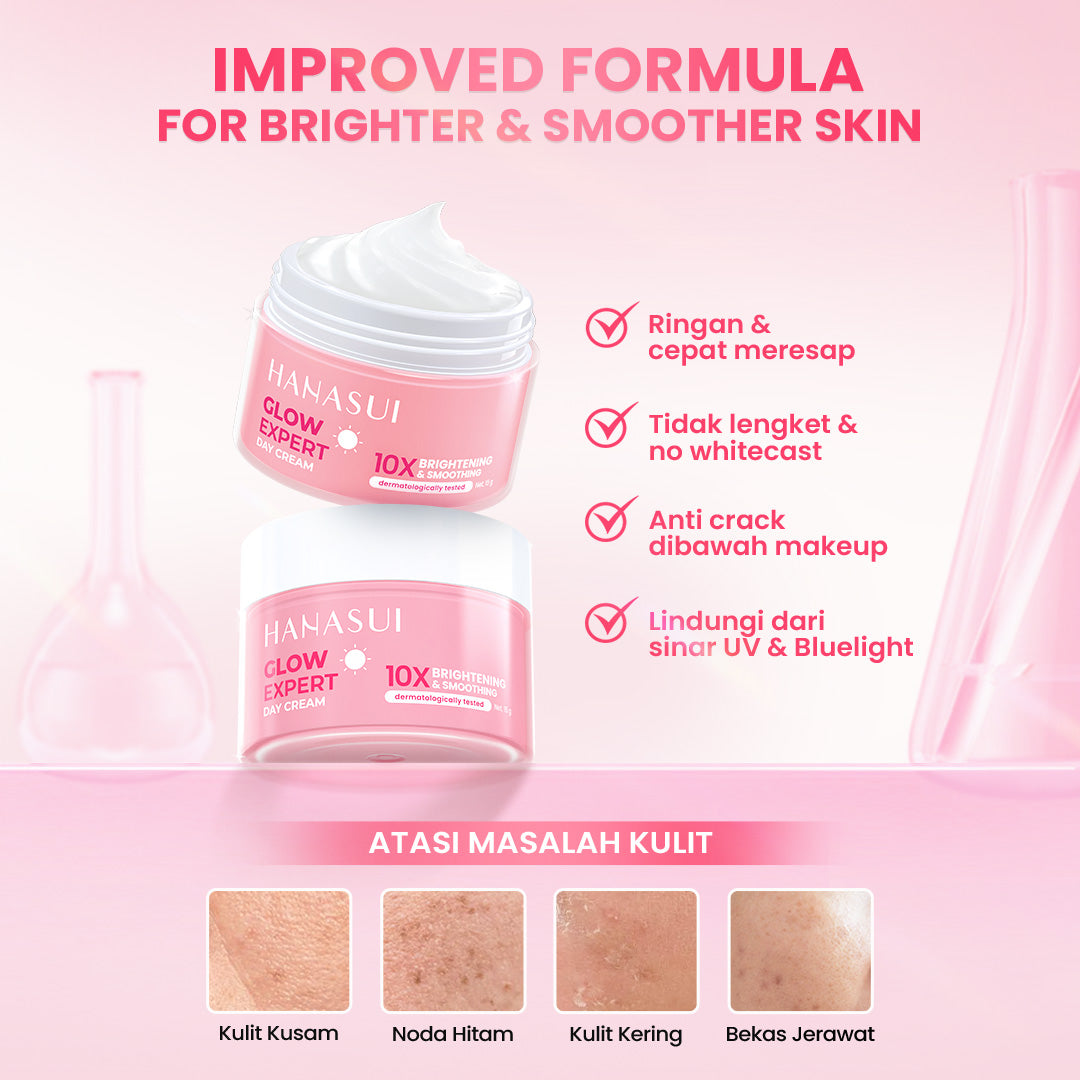 Hanasui Glow Expert Day Cream New Improved Formula - Gel Cream Ringan No Whitecast Mencerahkan & Kurangi Bintik Hitam - Niacinamide & Genowhite