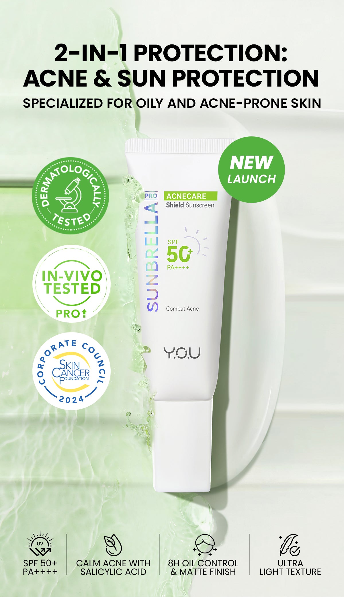 YOU Sunbrella Pro Acnecare Shield Sunscreen SPF 50+ PA++++ Acne Sunscreen Skincare  Collection Sunscreen Acne Prone Skin Melindungi dari Jerawat dan Sinar UV