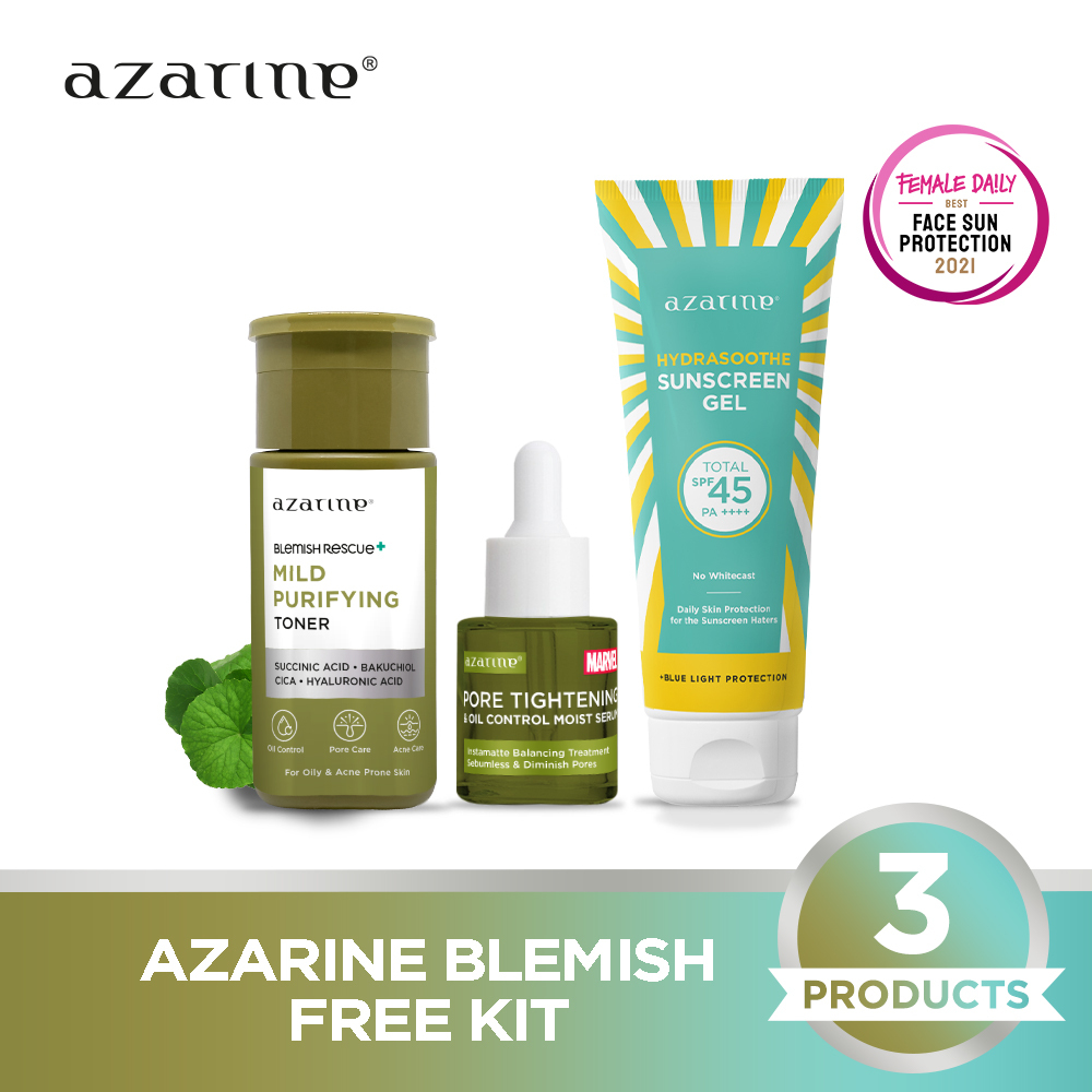 Azarine Basic Skincare Kit (Sunscreen + Toner + Serum) [3PCS] Paket TRIAL KIT KULIT KOMBINASI SENSITIF BERJERAWAT BERMINYAK KERING KUSAM KOMEDO