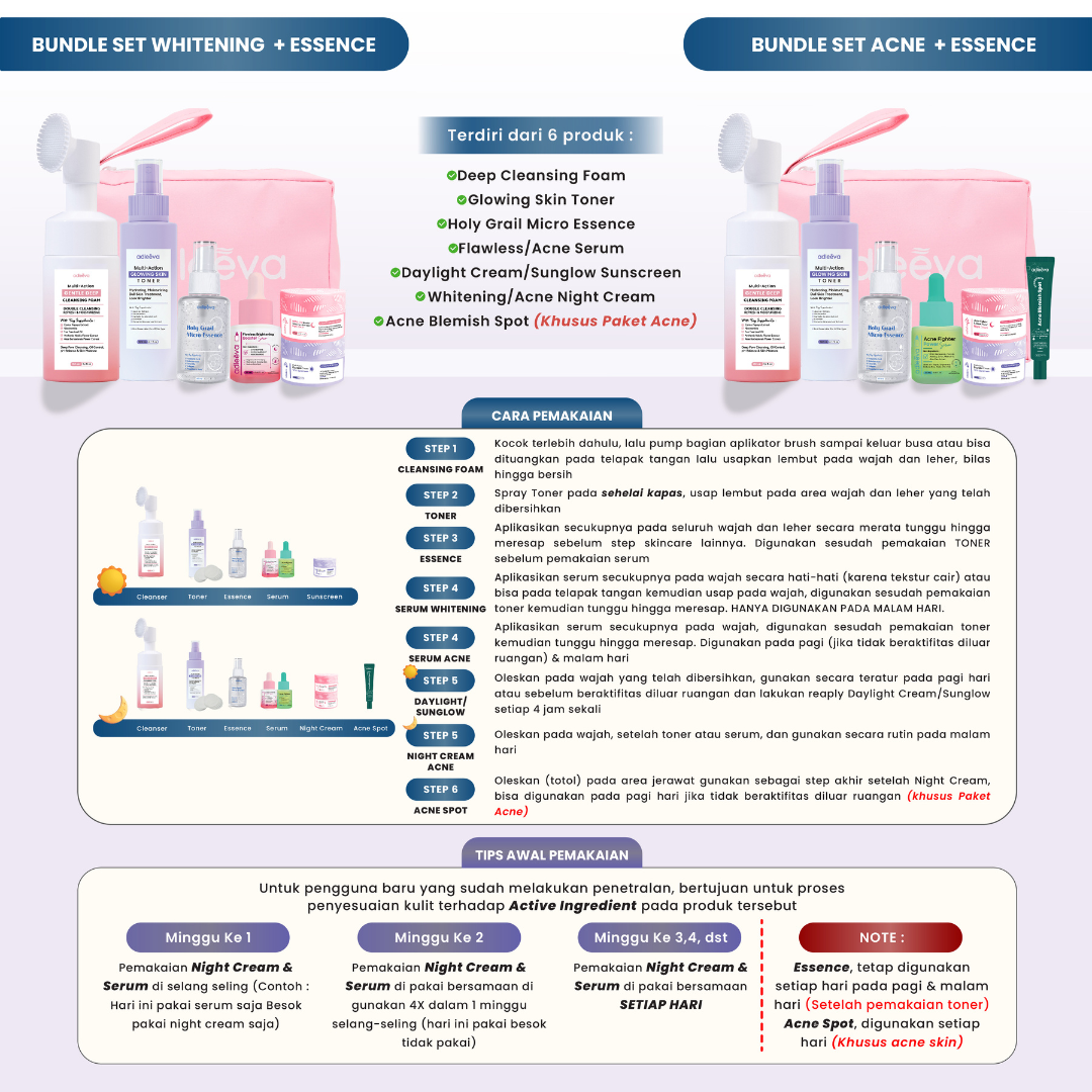 ADLEEVA - [BUNDLE SET] ACNE / WHITENING GLOWING SET (Paket Complete + Moisturizer + Essence) (PAKET HEMAT UNTUNG BANYAK)
